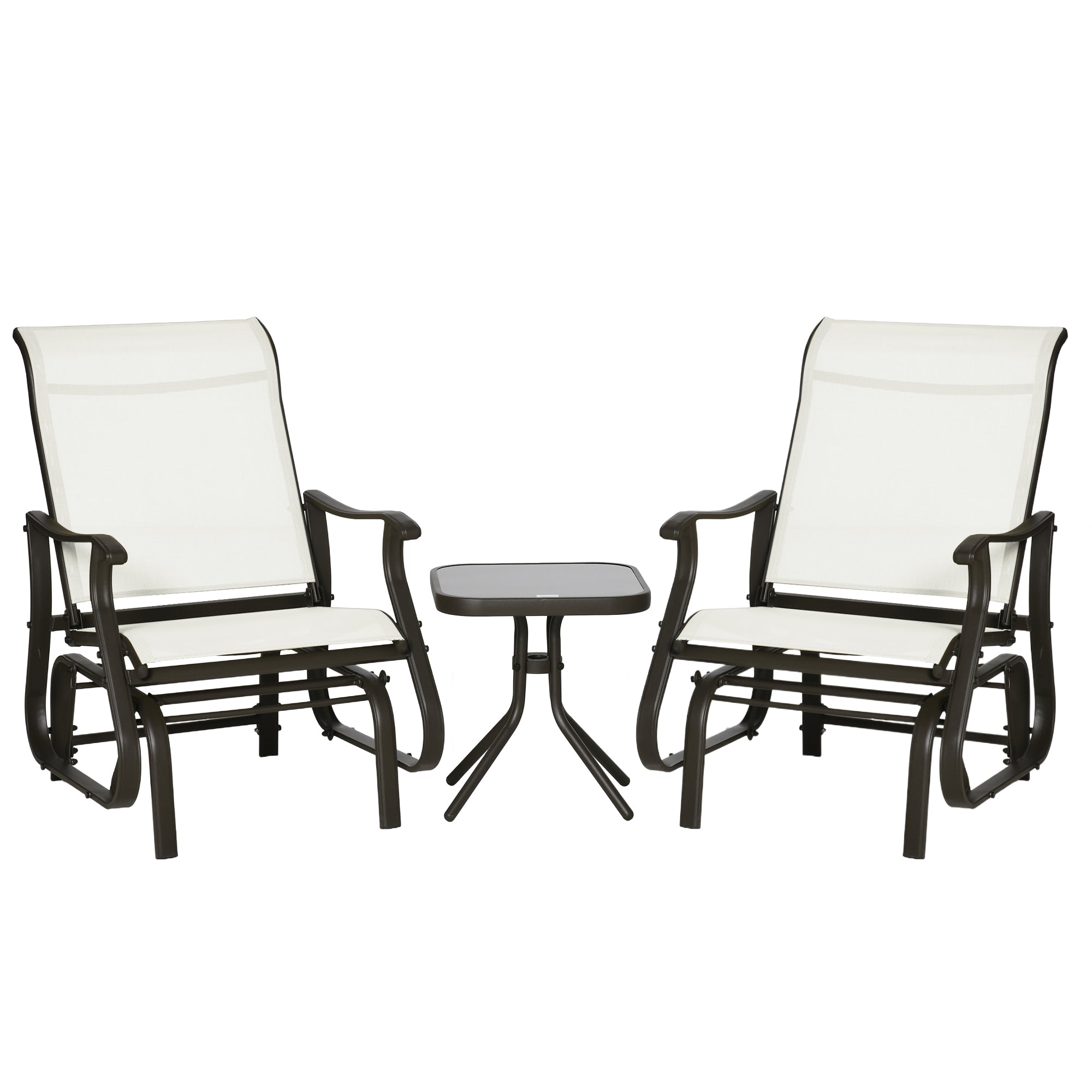 3-Piece Outdoor Gliders Set Bistro Set with Steel Frame, Tempered Glass Top Table for Patio, Garden, Backyard, Lawn, Cream White