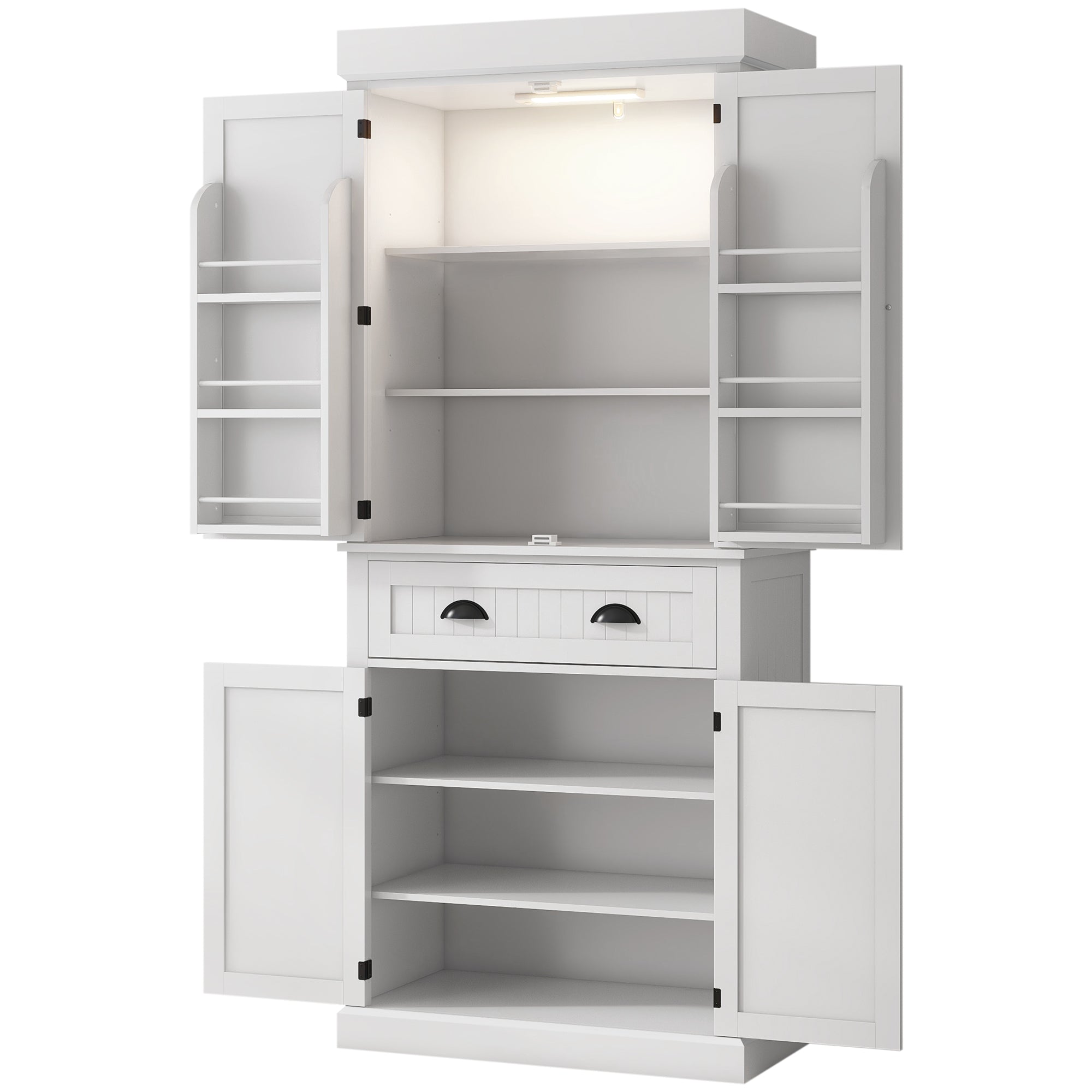 71" Kitchen Pantry Cabinet with LED Lights, 6 Door Shelves, a Drawer and 4 Adjustable Shelves, White