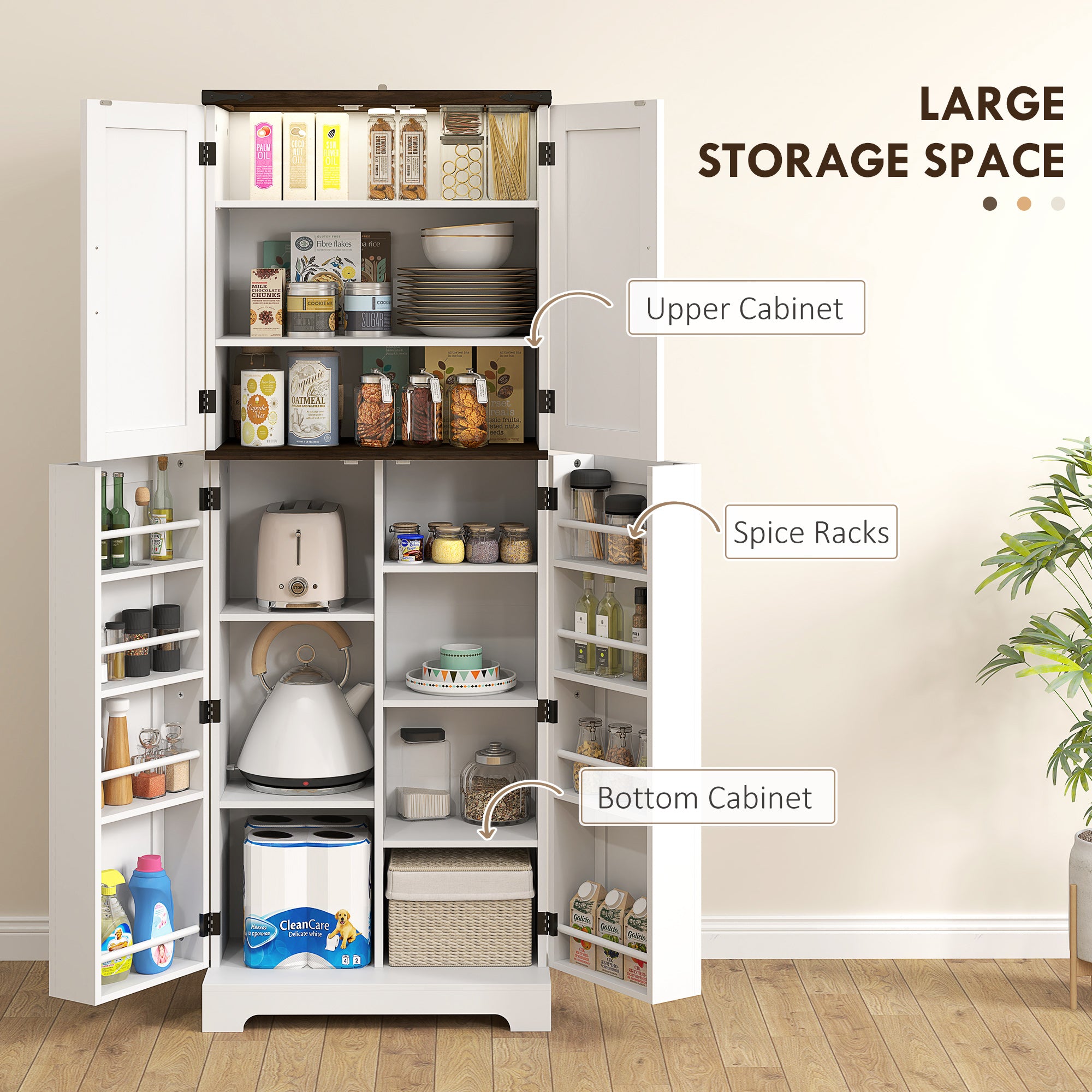 64" Tall Kitchen Pantry Cabinet with Motion Sensor Light, Spice Racks and Adjustable Shelves, White