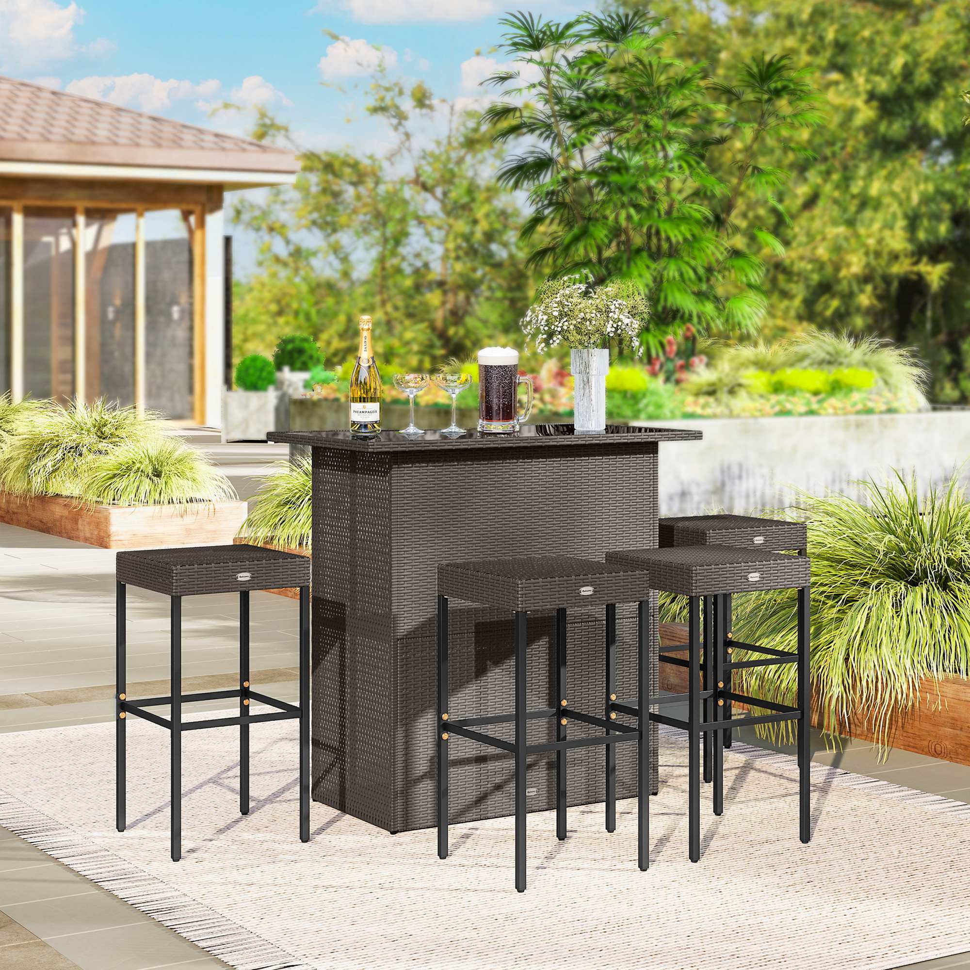 5 Piece Rattan Wicker Bar Set, High Top Outdoor Table and Chairs, Bar Height Patio Set, 2 Shelves & 4 Bar Stools, Brown