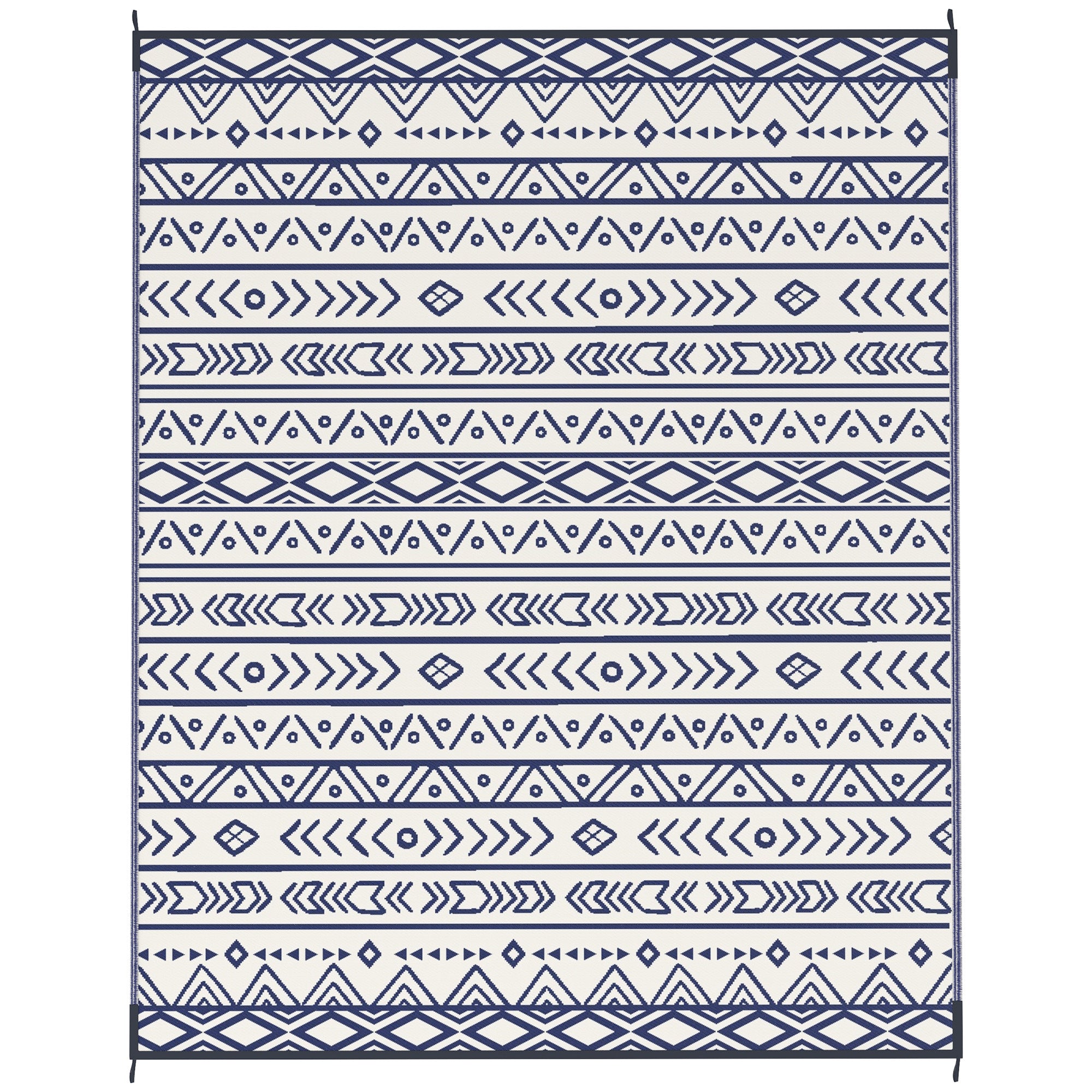 Reversible Outdoor Rug, Waterproof Plastic Straw with Carry Bag, 8' x 10', Blue & White Geometric