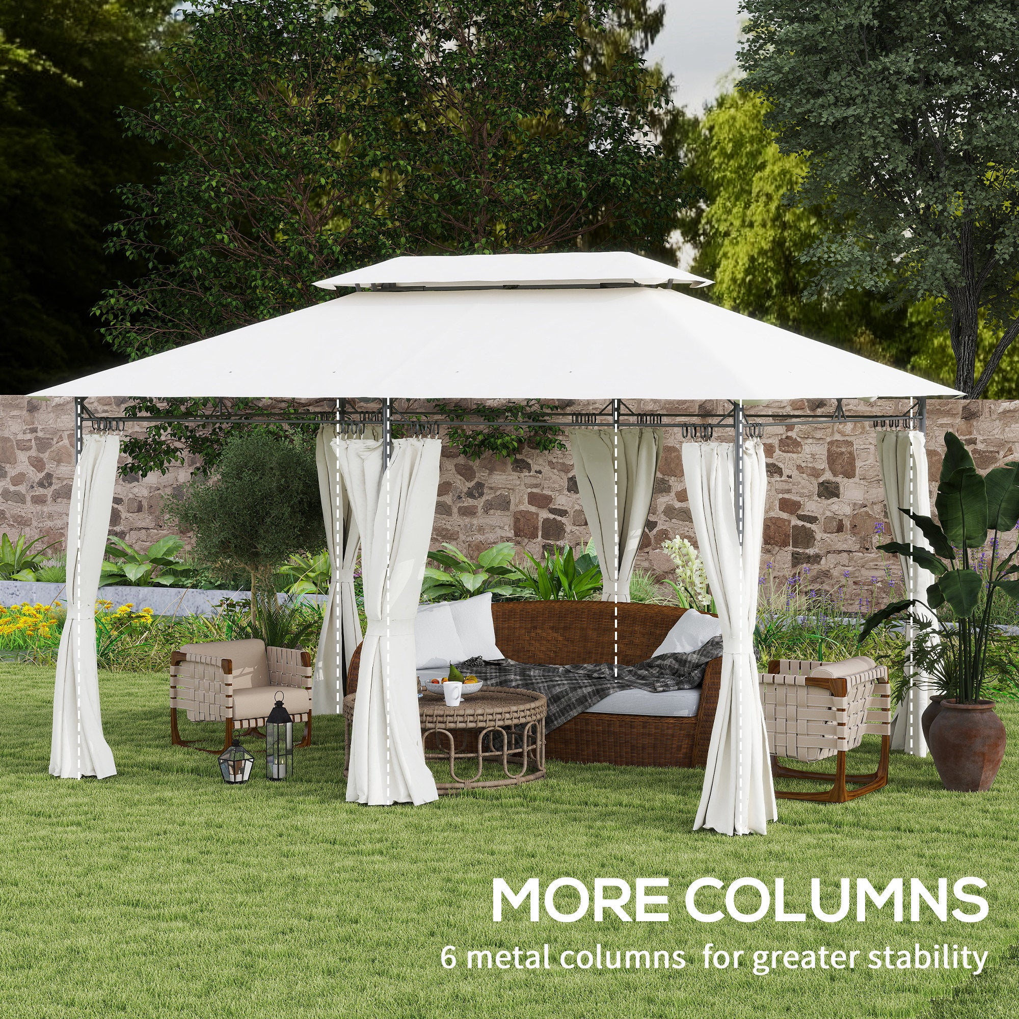 10' x 13' Double Roof Patio Gazebo, Outdoor Gazebo with Curtains, for Garden, Lawn, Backyard and Deck, Cream White