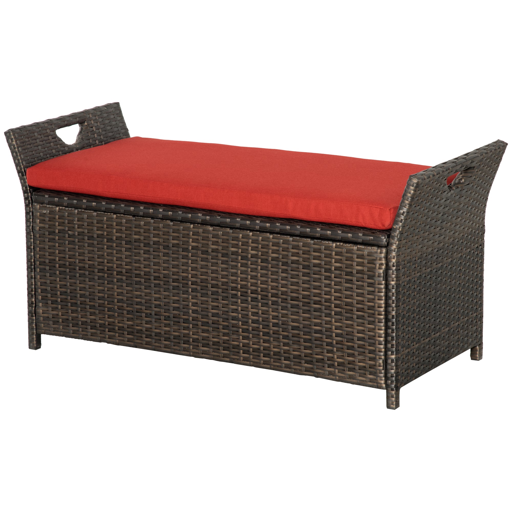 29 Gallon Patio Wicker Storage Bench, Outdoor PE Rattan Furniture, 2-In-1 Large Capacity Rectangle Garden Storage Box with Handles and Cushion, Red