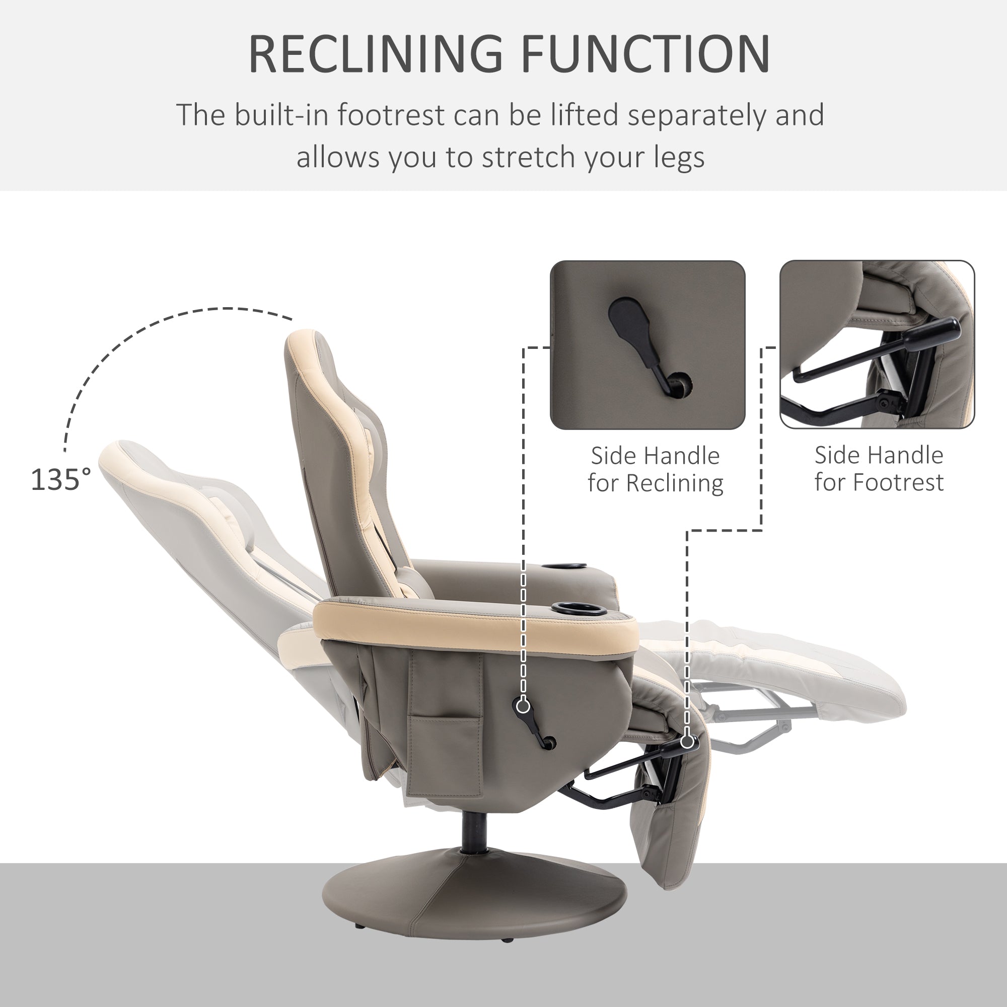 Manual Recliner Armchair PU Leather Lounge Chair w/ Adjustable Leg Rest, 135° Reclining Function, 360° Swivel, Cup Holder and, Storage Pocket