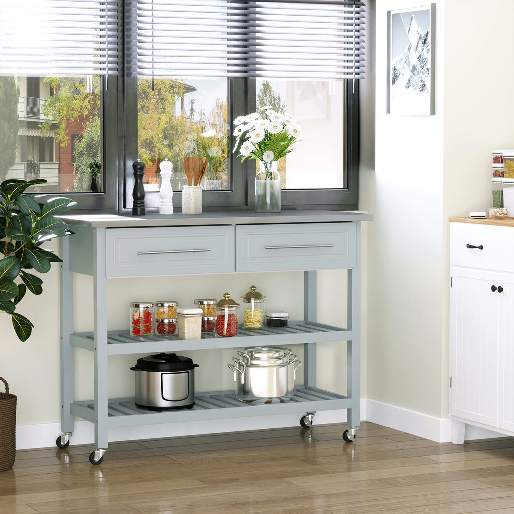 Kitchen Island with Stainless Steel Top, Traditional Kitchen Island with Storage, Butcher Block Cart 2-Tier Open Shelves, Drawers, Light Gray