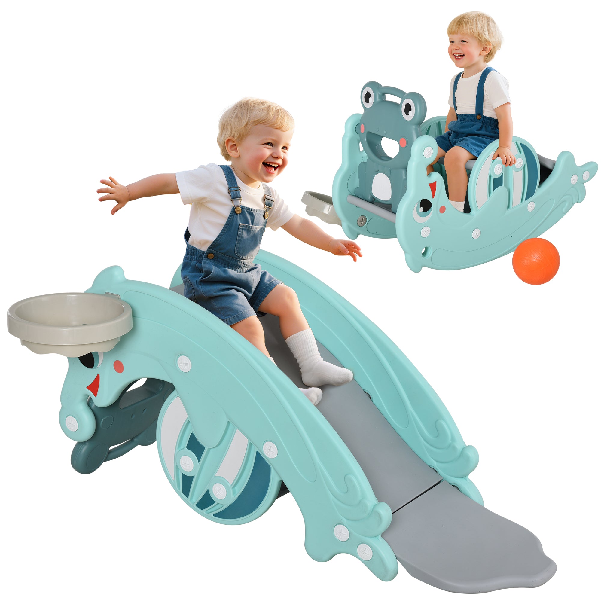 3-in-1 Kids Portable Slide Rocking Horse Toy with Basketball Hoop for Age 1.5-3 Boys and Girls, Mint Green
