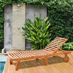 Outdoor Folding Chaise Lounge Chair Recliner with Wheels, Acacia Wood Frame - Teak Color