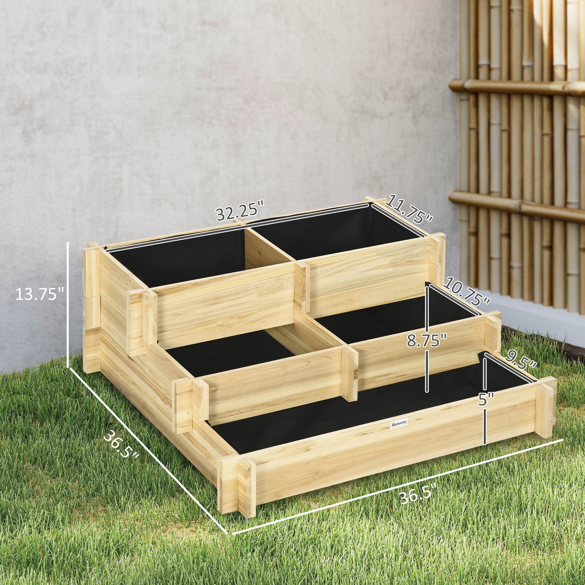 3 Tier Raised Garden Bed, Water Draining Fabric for Soil, Elevated Wood Flower Box for Vegetables, Herbs, Natural