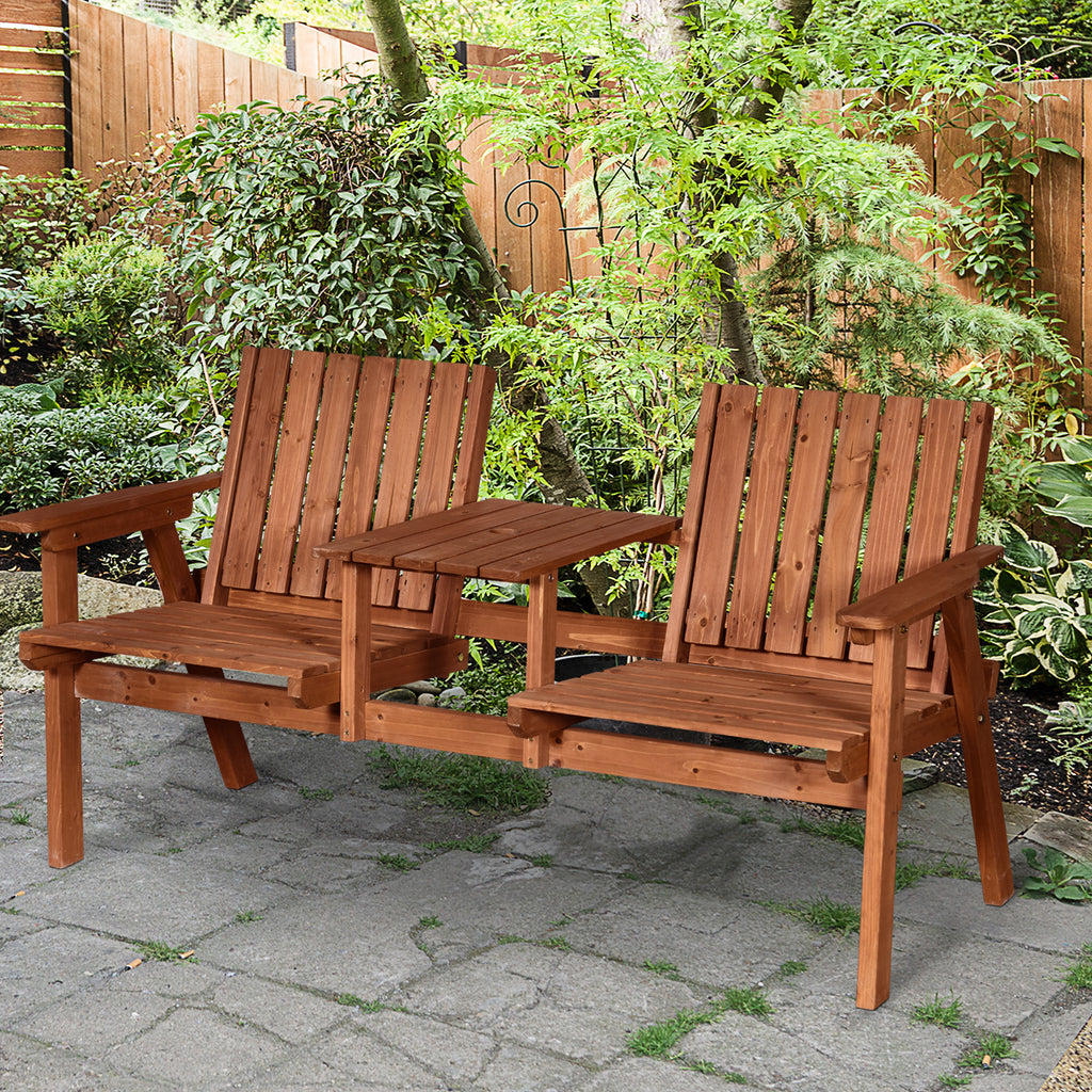 Patio Bench, Garden Bench with Middle Table and Umbrella Hole, Wooden Outdoor Bench for Patio, Porch, Poolside, Balcony, Orange