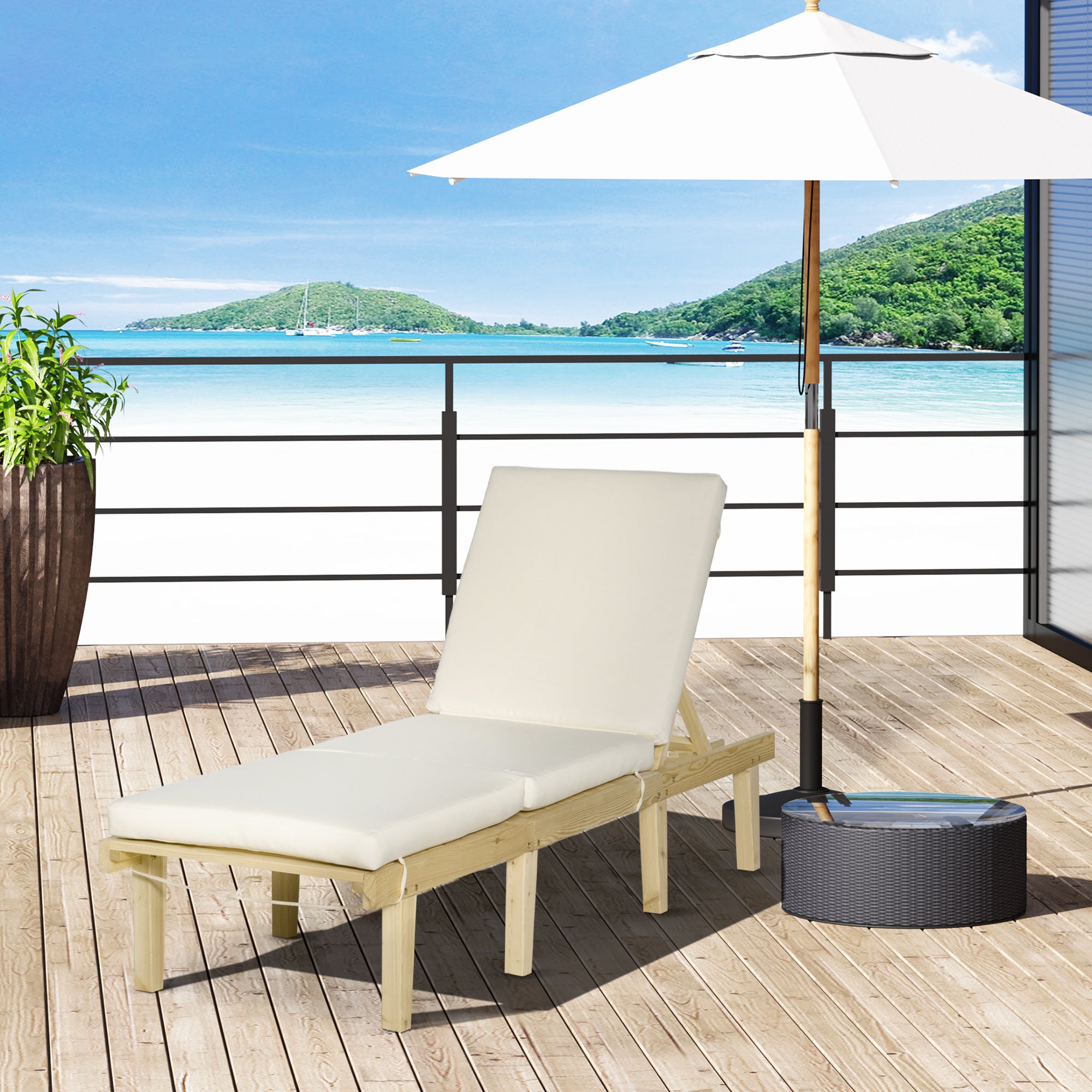 Chaise Lounge Chair Patio Recliner with 4-Position Adjustable Backrest & Cushion, Natural