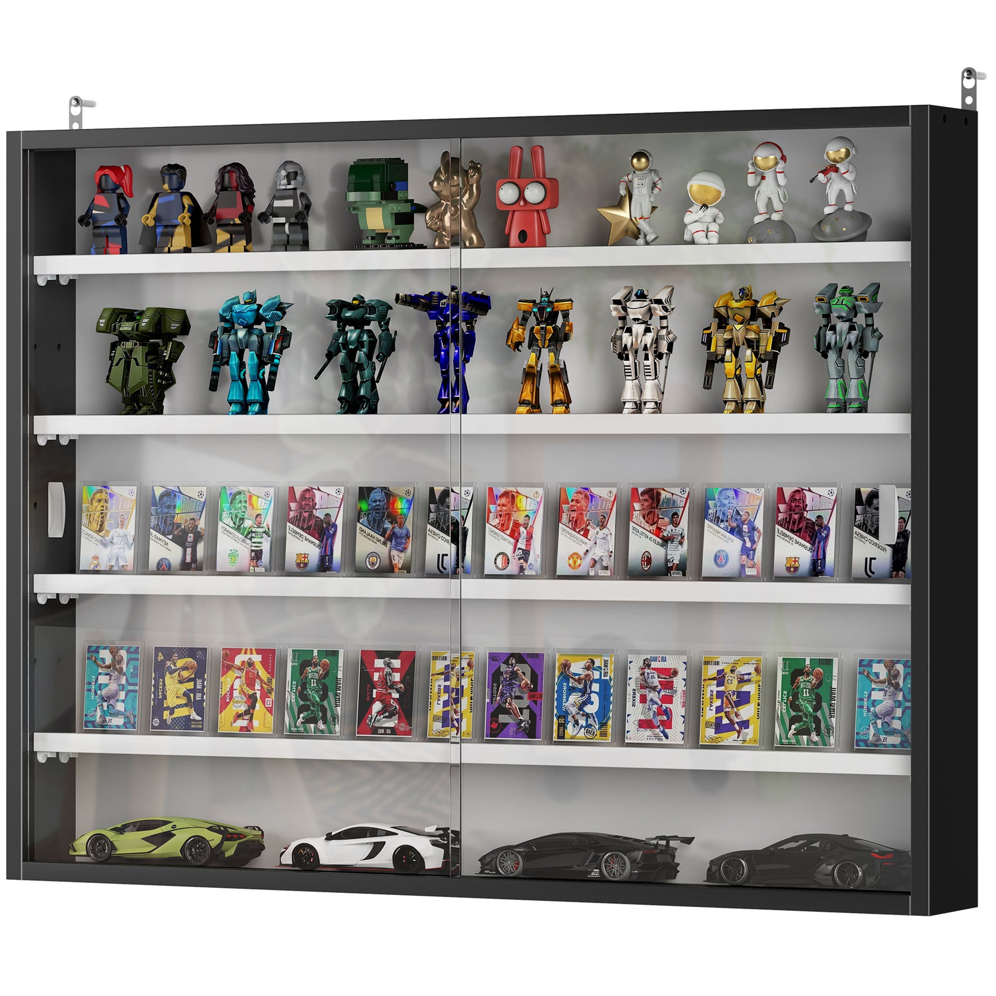 5-Tier Display Cabinet, Wall-Mounted Display Case with 2 Glass Doors and Adjustable Shelves, Black