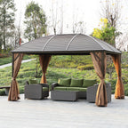 10' x 13' Hardtop Gazebo with Curtains, Netting, Pavilion with Steel Roof Ceiling Hook for Garden Patio, Brown