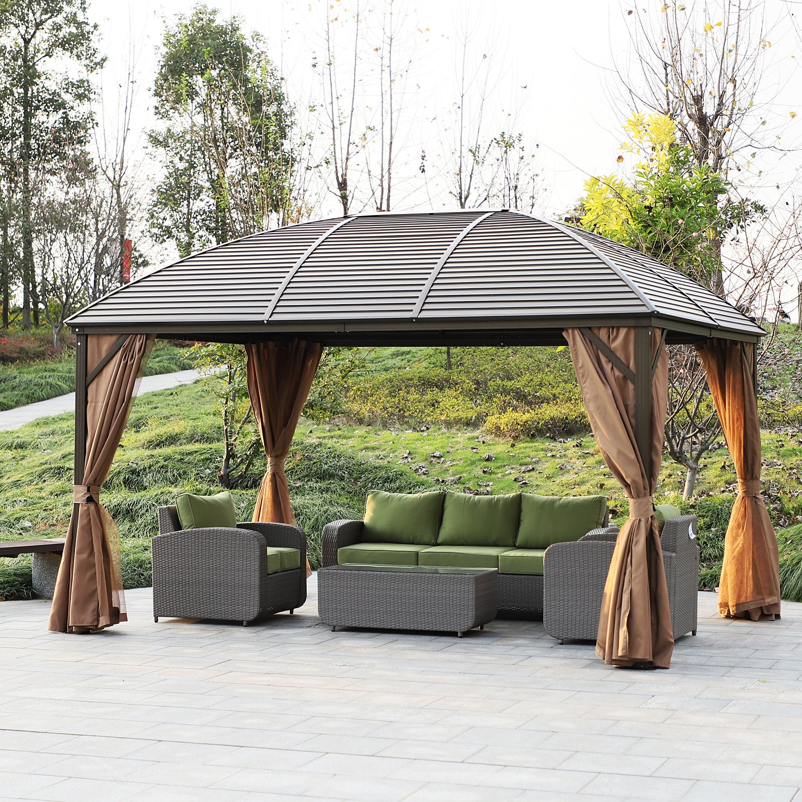 10' x 13' Hardtop Gazebo with Curtains, Netting, Pavilion with Steel Roof Ceiling Hook for Garden Patio, Brown