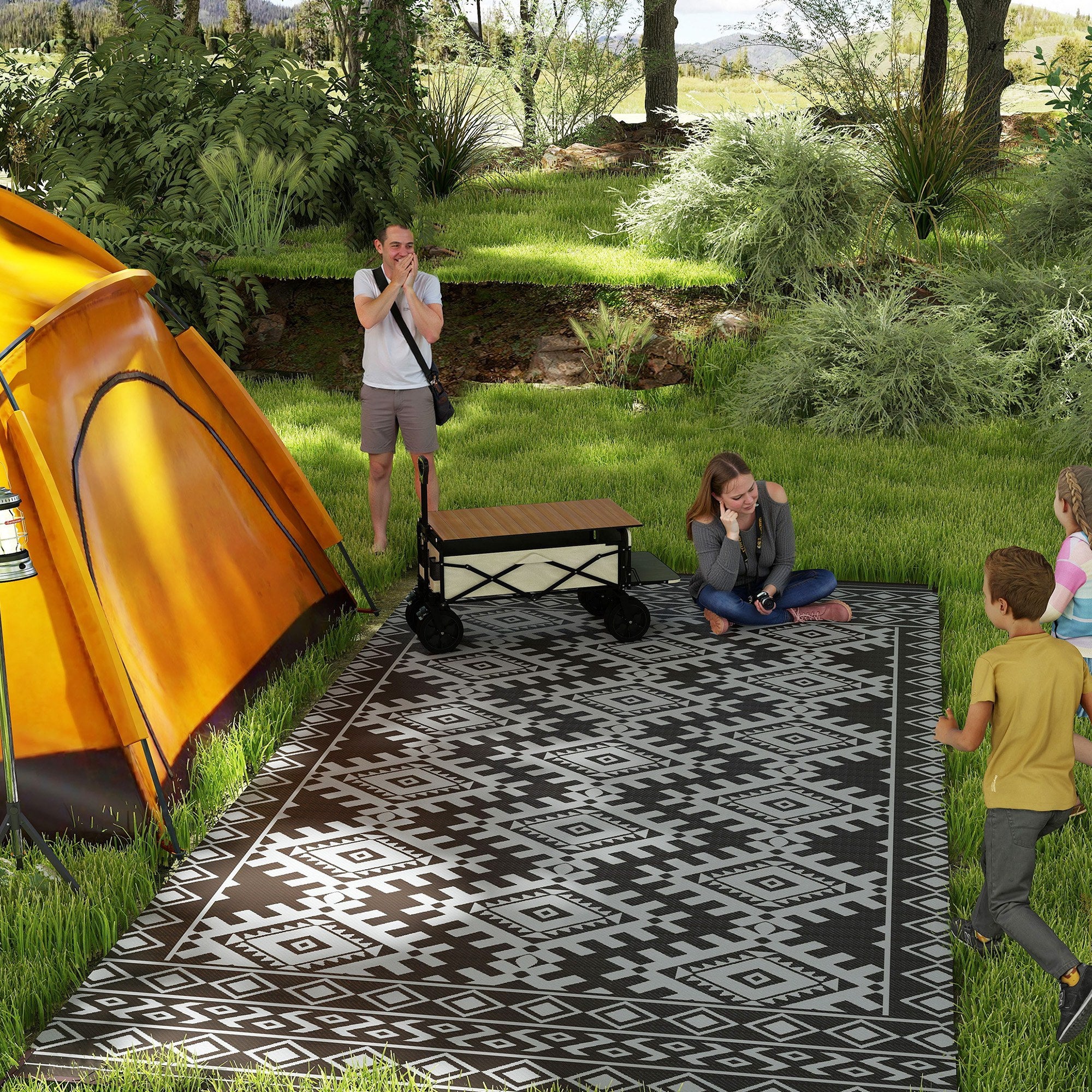 Reversible Outdoor Rug, Waterproof Plastic Straw with Carry Bag, 9' x 18', Black & Gray Rhombus Border