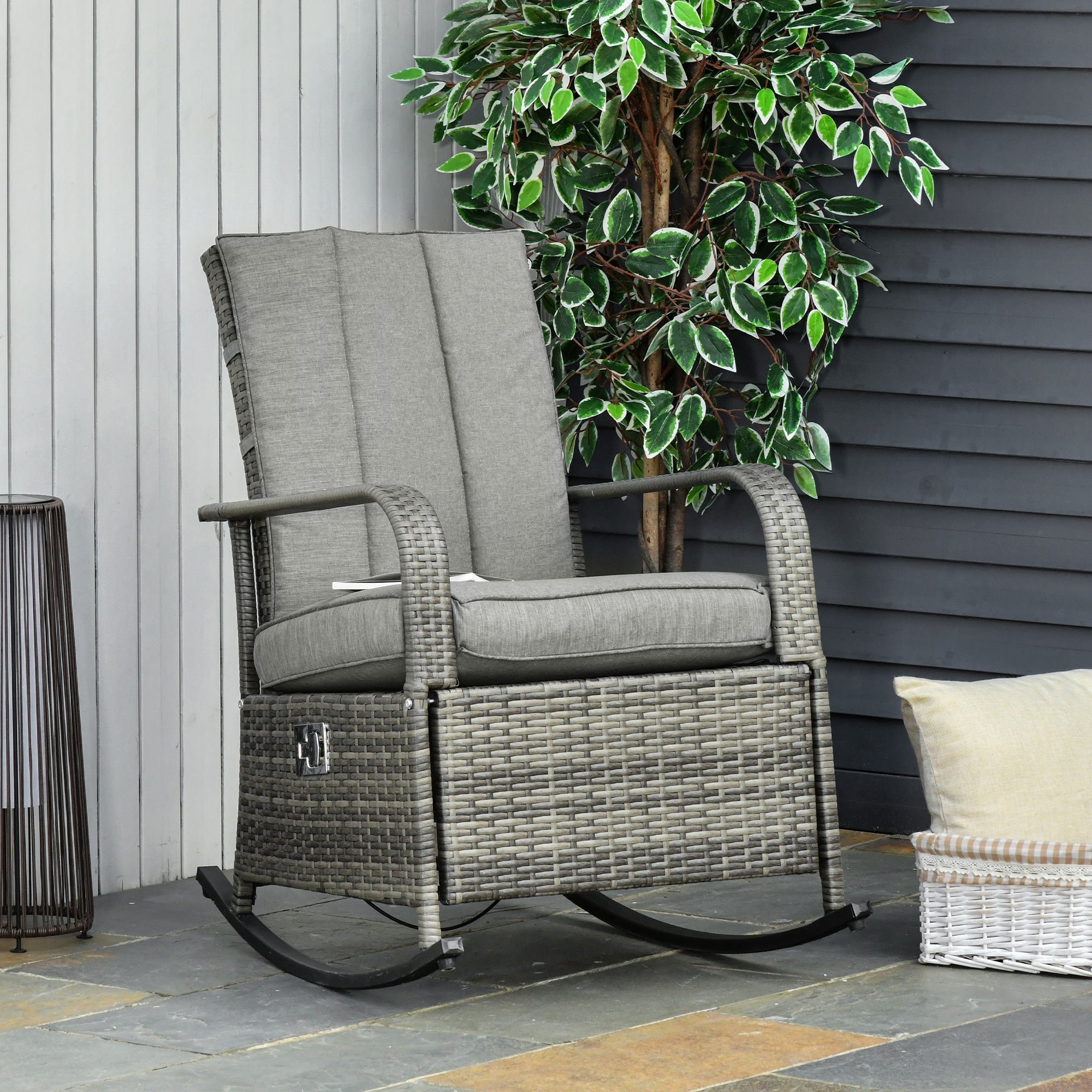 PE Rattan Rocking Recliner with Footrest, Gray
