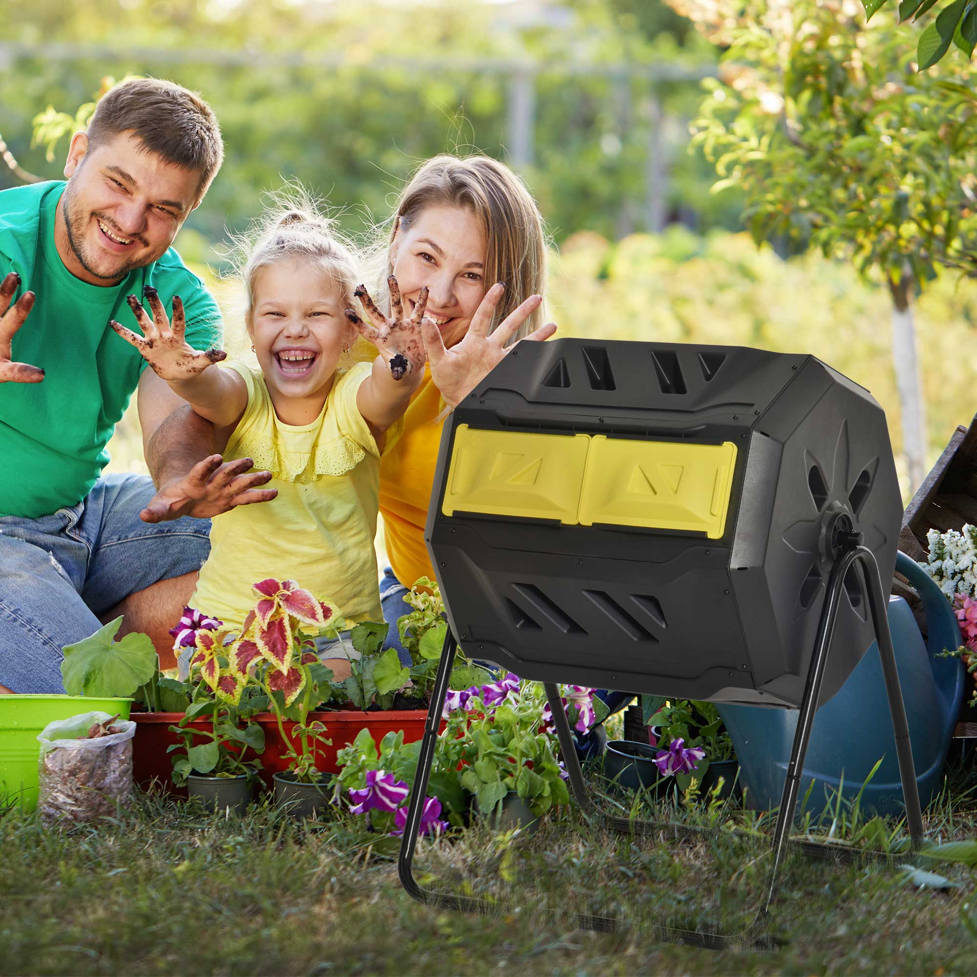 Tumbling Compost Bin Outdoor 360° Dual Chamber Rotating Composter 43 Gallon, Yellow