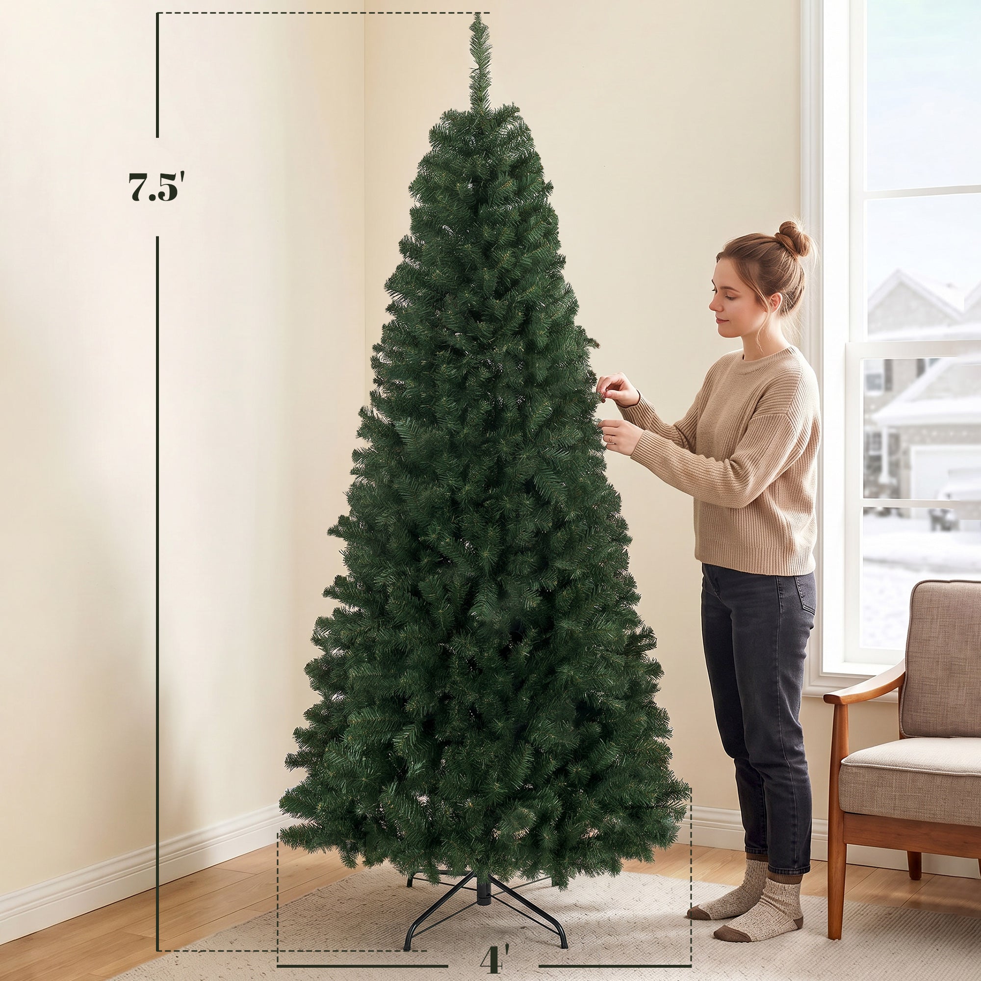 7.5 ft Artificial Christmas Tree, Norway Spruce Tree, Hinged Xmas Tree with Metal Stand