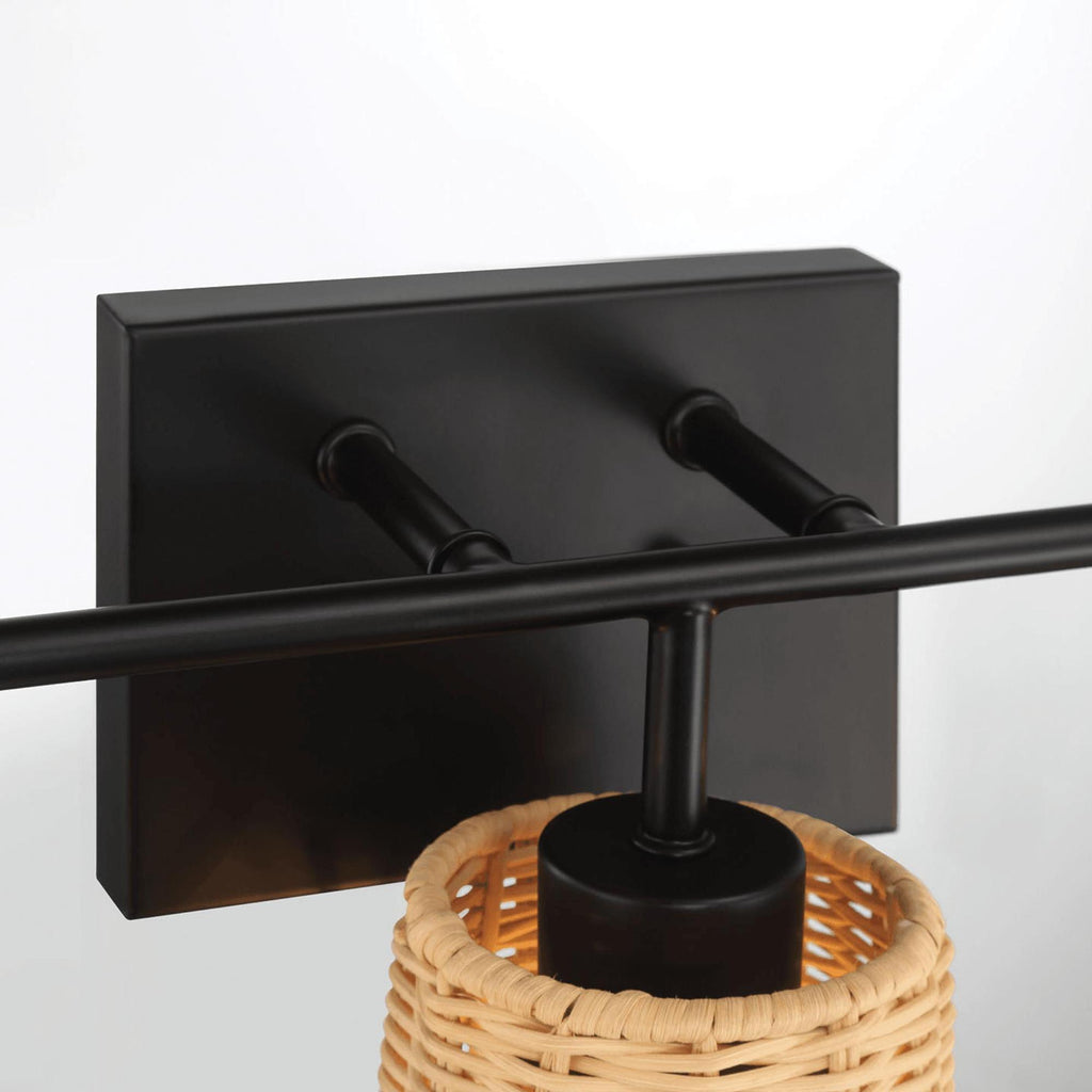 Stylish Three-Light Wall Sconce with Rattan Shade, Metal Finish, Bathroom Lighting Fixture Over Mirror, 6.5" L x 22.5" W x 9.5" H, Black