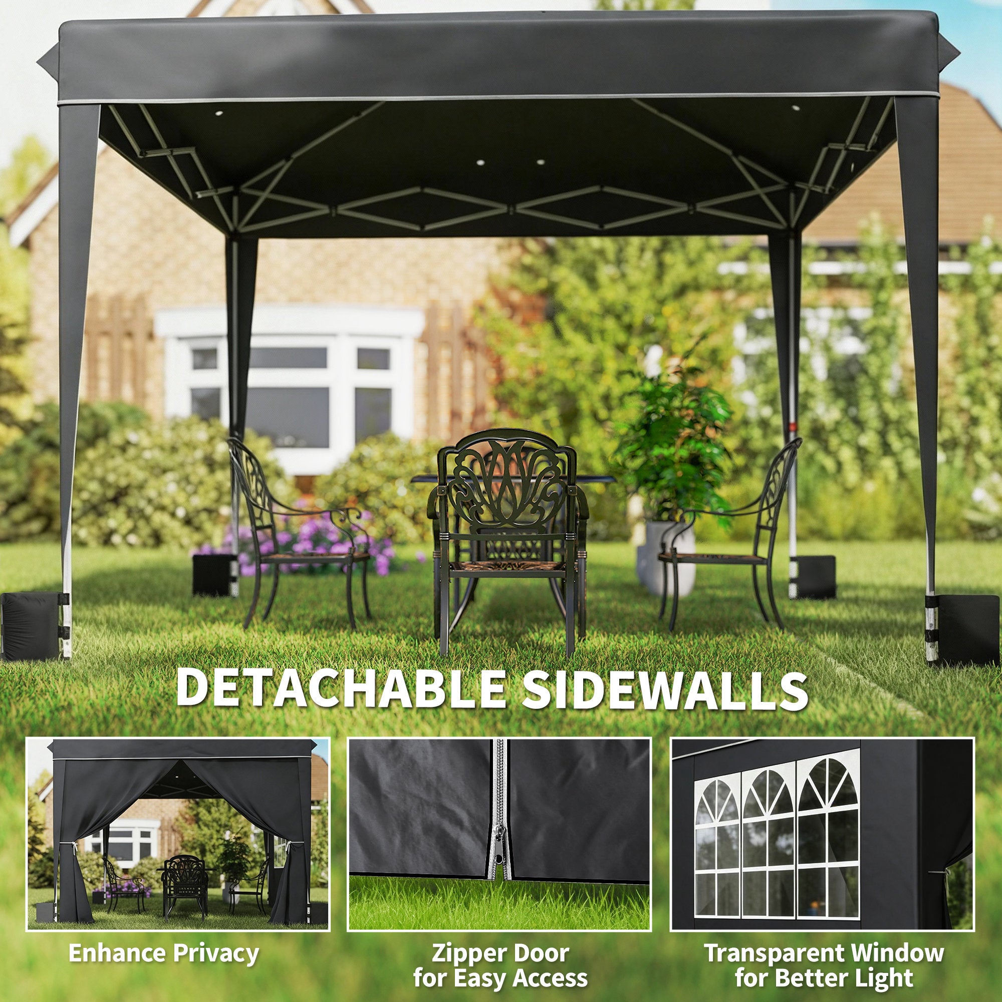 10 x 10 ft Pop Up Canopy Tent with Sidewalls, UPF50+ Outdoor Portable Instant Canopy Shelter with Carry Bag, Black