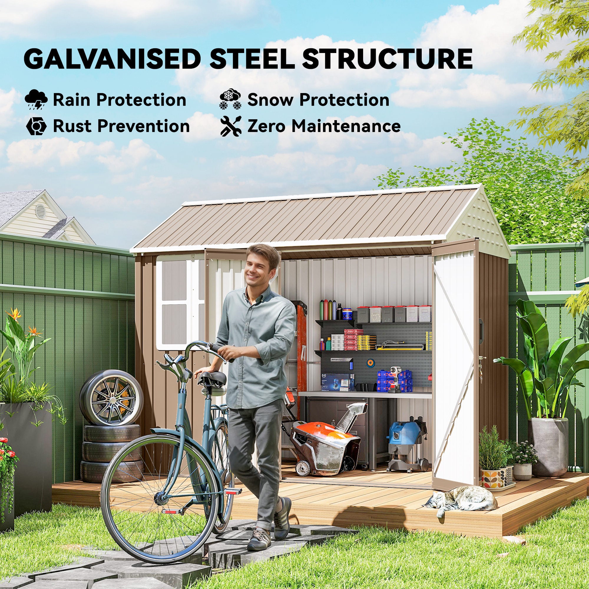 8' x 6' Metal Garden Storage Shed, Extra Large Outdoor Tool Storage House w/ Doors, Window and Air Vents, Brown