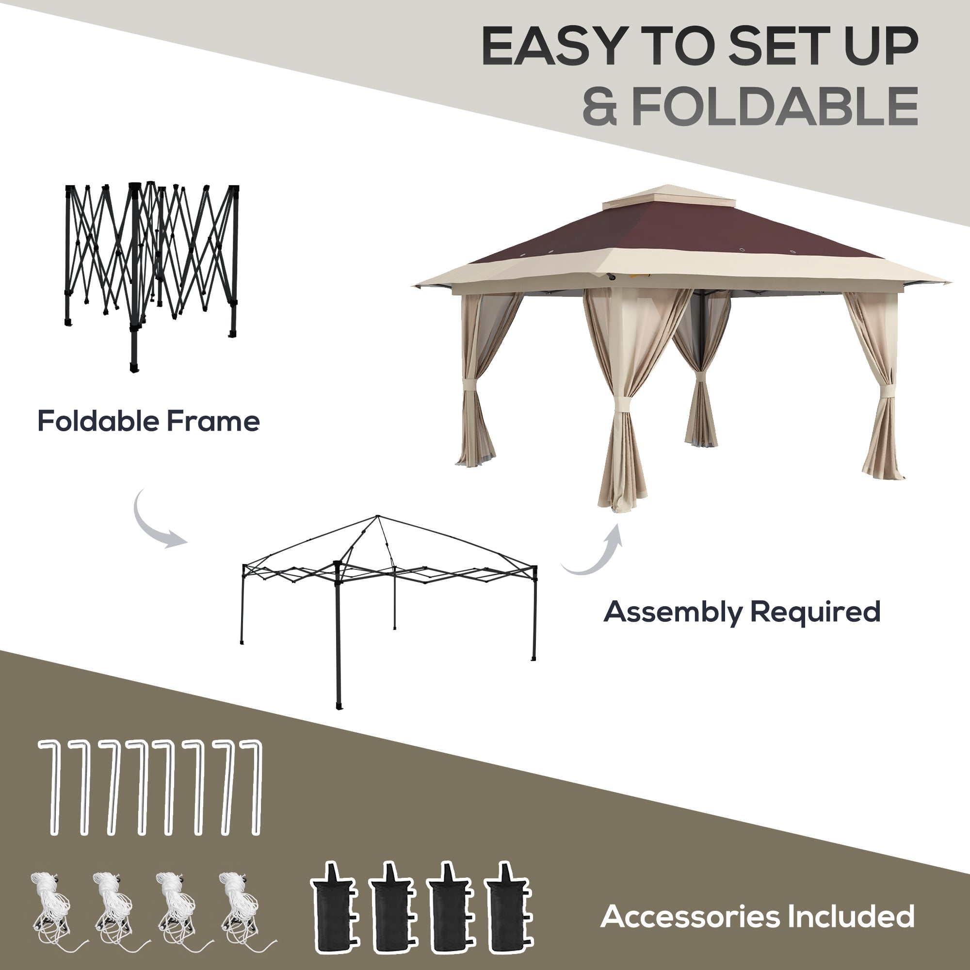 13' x 13' Pop Up Gazebo Instant Canopy Tent Shelter with 2-Tier Roof, Carry Bag, Wight Bags for Outdoor, Garden, Brown