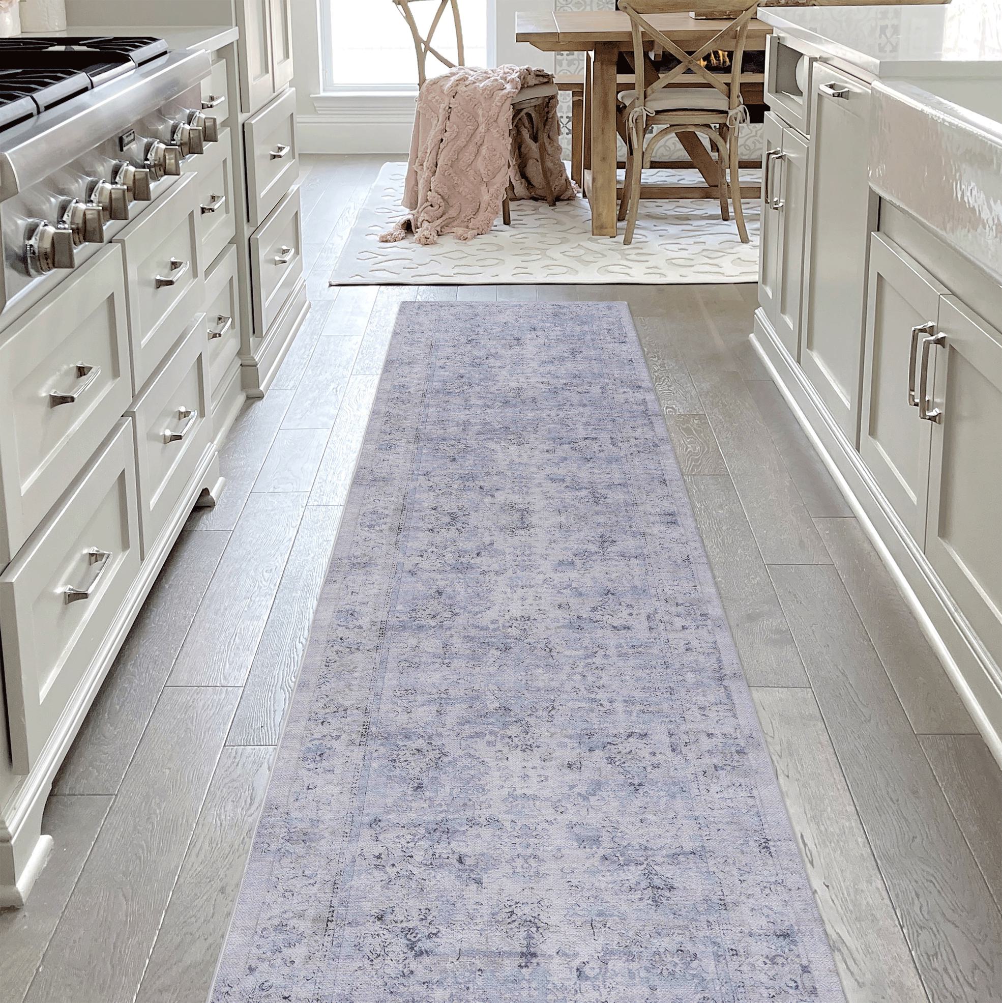 2x10 Washable Low-Pile Non-Slip Non-Shedding Area Rug, Kid and Pet Friendly, Foldable Carpet for Living Room, Kitchen, Blue+Cream