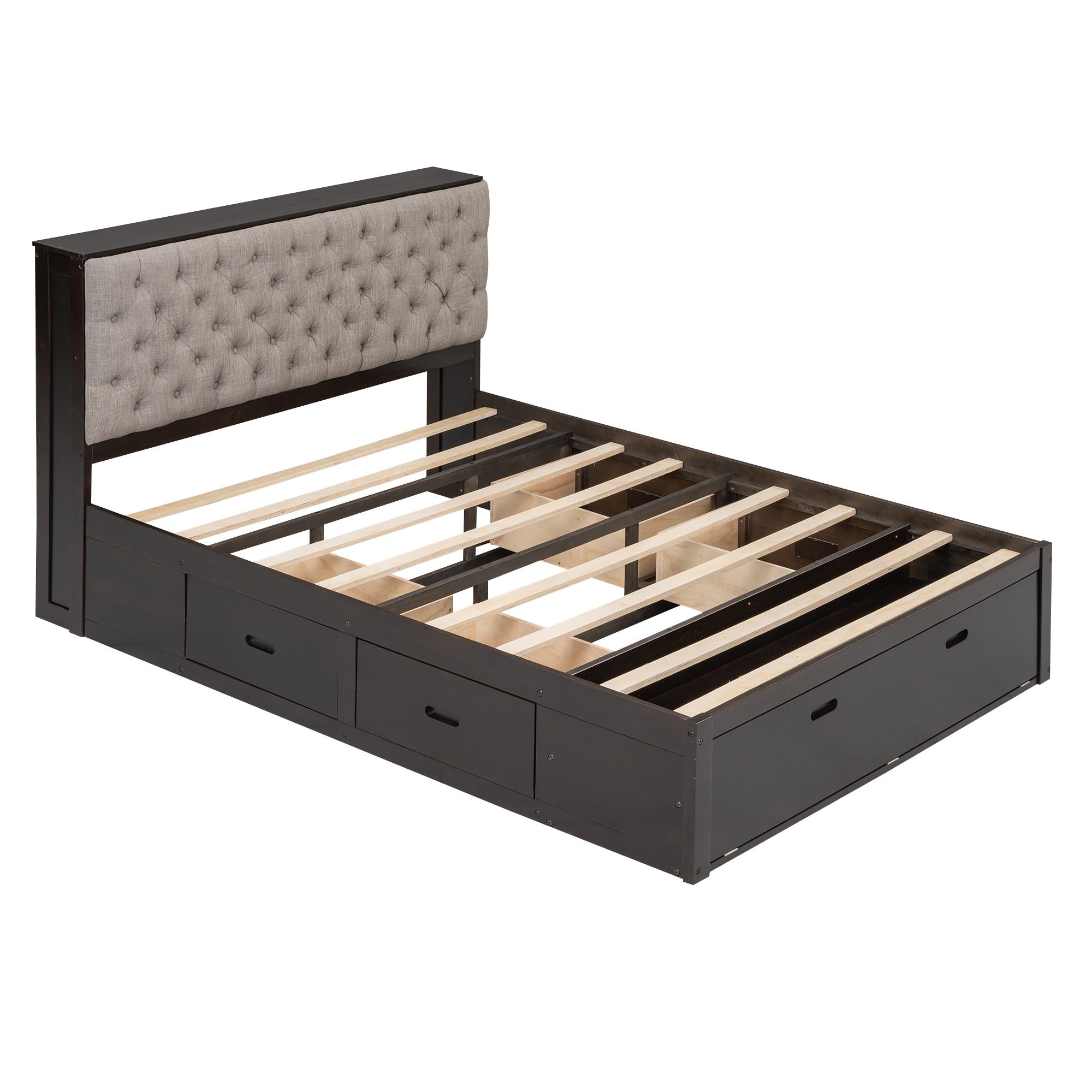 Wood Queen Size Platform Bed with Storage Headboard, Shoe Rack, and 4 Drawers, 90.5" L x 63" W x 43" H, Espresso