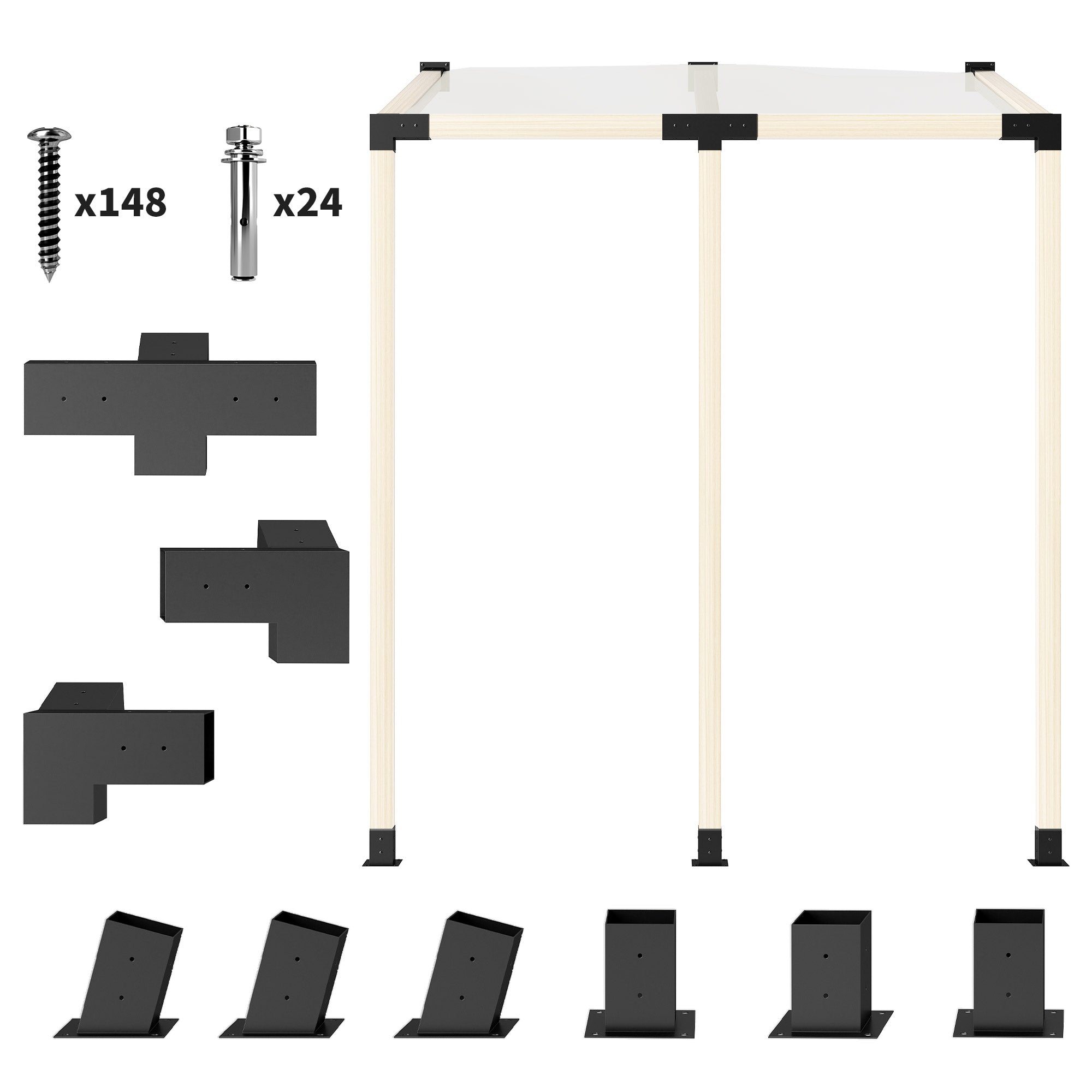 Pergola Kit, 15° Slanted Pergola Brackets w/ 4-Way/3-Way Brackets, Post Bases, Wall Mounts for 3.6" X 3.6" Lumber, Black
