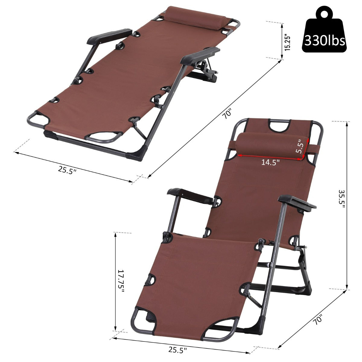 Oxford Fabric Metal Frame Outdoor Pool Sun Lounger Lounge Chair 120°/180°, Brown