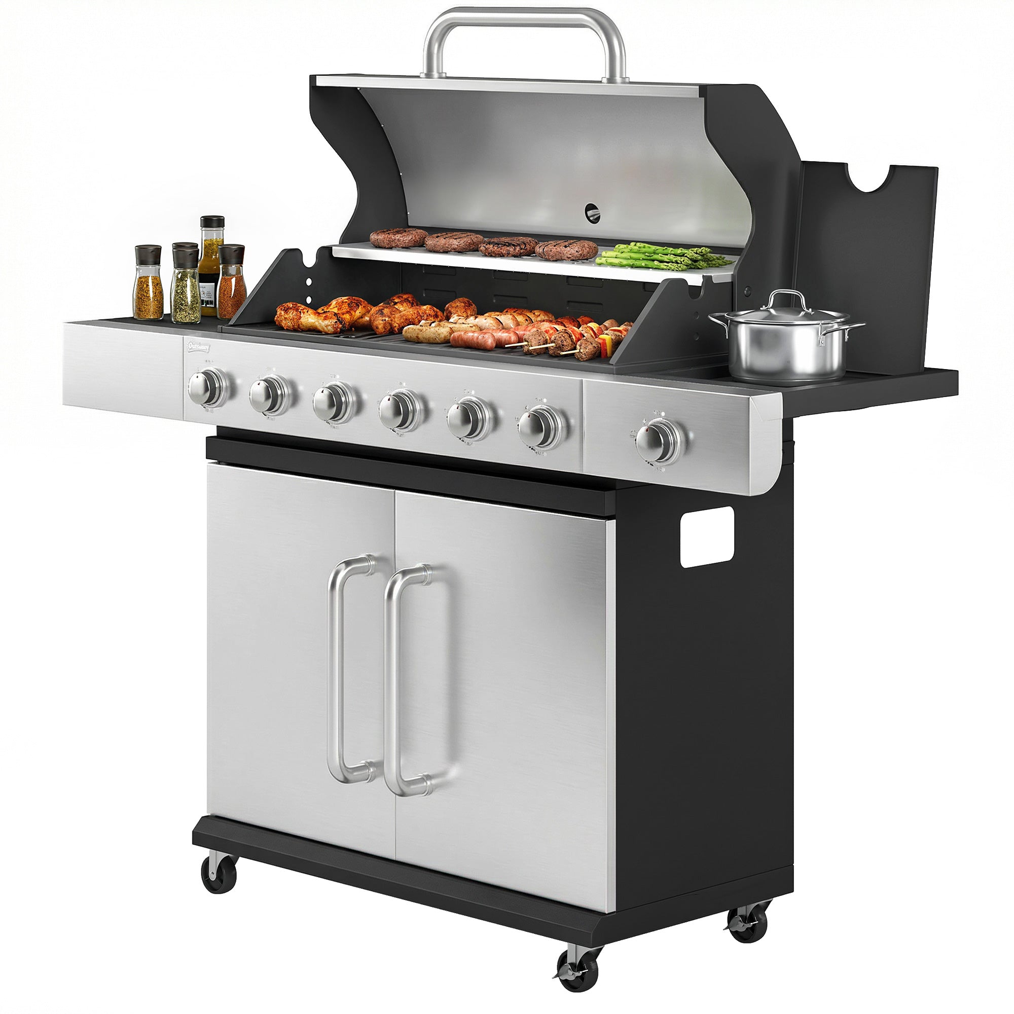 6 Burner Propane Gas Grill with Side Burner, Barbecue Grill with Cast Iron Grates, Wheels, Side Tables, Cabinet