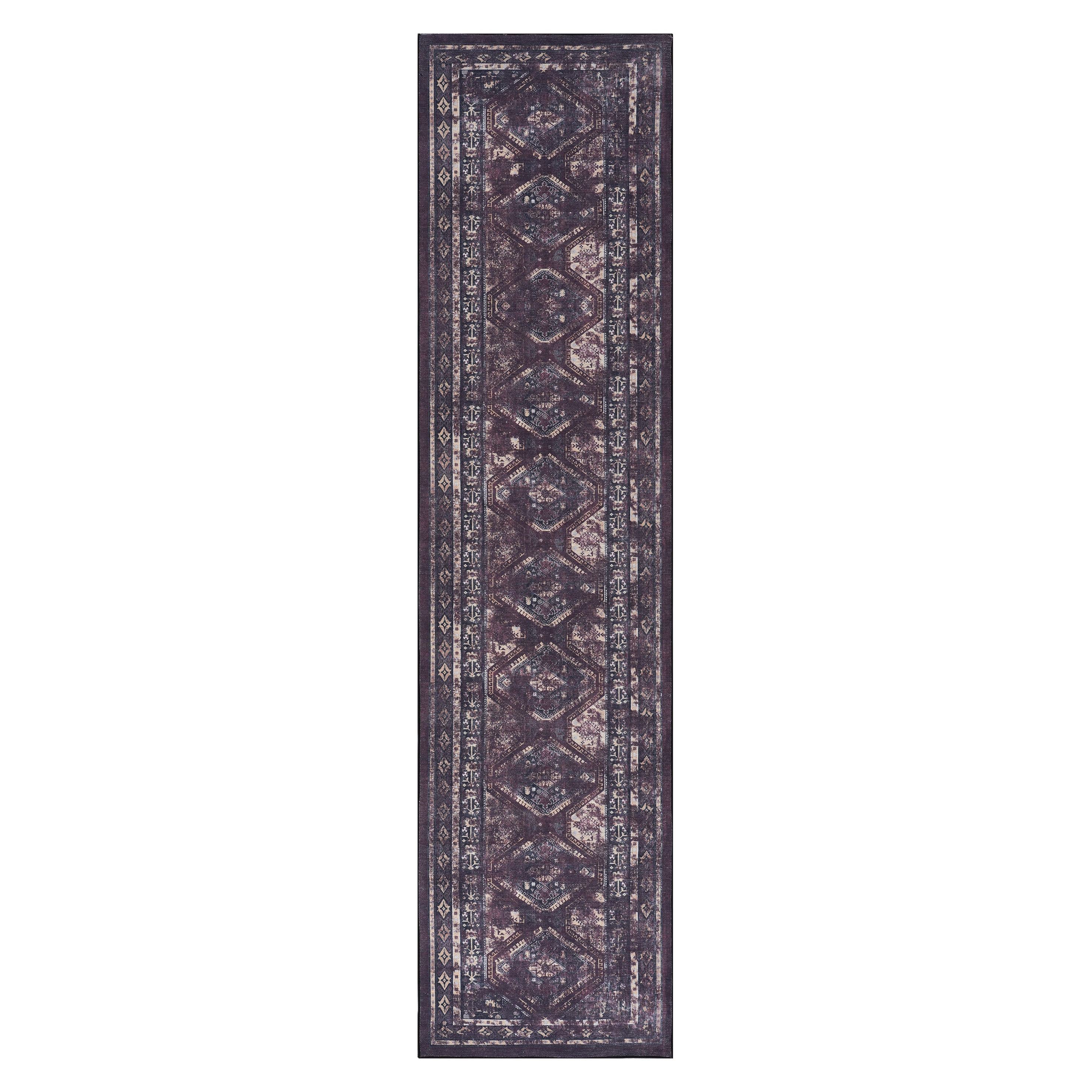2x10 Low-Pile Non-Slip Non-Shedding Washable Area Rug, Kid and Pet Friendly, Carpet for Living Room, Bedroom, Kitchen, Black+Burgundy
