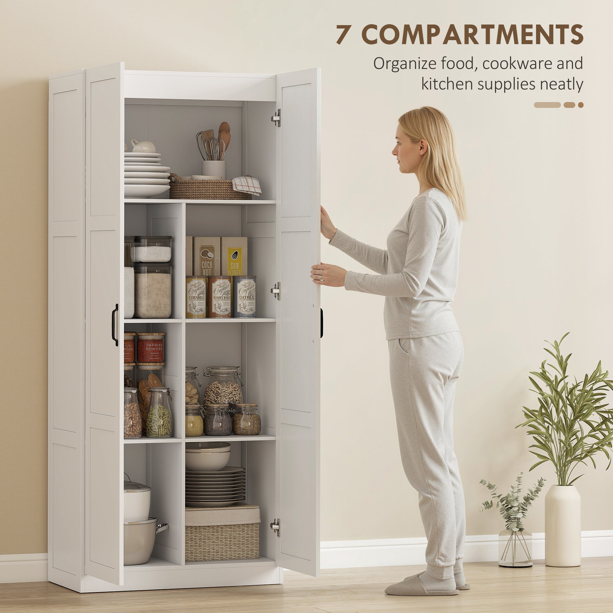 Farmhouse Pantry Cabinet, 71" Tall Kitchen Pantry Storage Cabinet with Soft-Close Hinges, Adjustable Shelves, White
