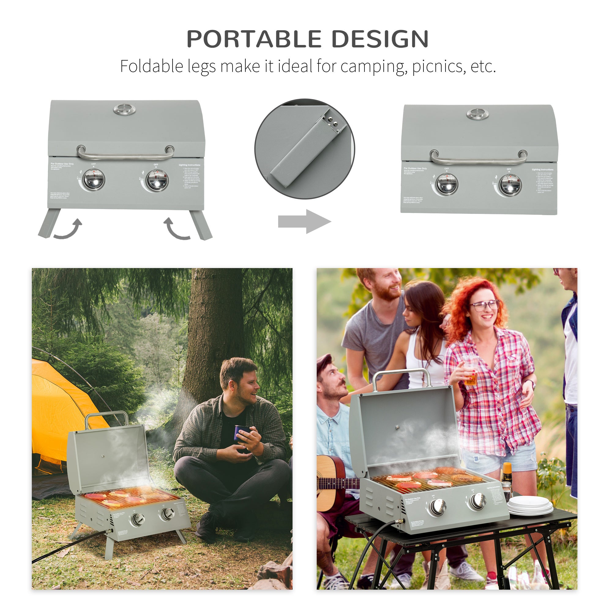 2 Burner Folding Tabletop Gas BBQ Grill w/ Lid, Thermometer, Carbon Steel, Gray