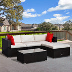 5-Piece Patio Furniture Set with Cushions, Outdoor PE Rattan Wicker Sofa Set, Sectional Furniture with Pillows, Glass Coffee Table for Garden, Backyard, Brown/Cream White