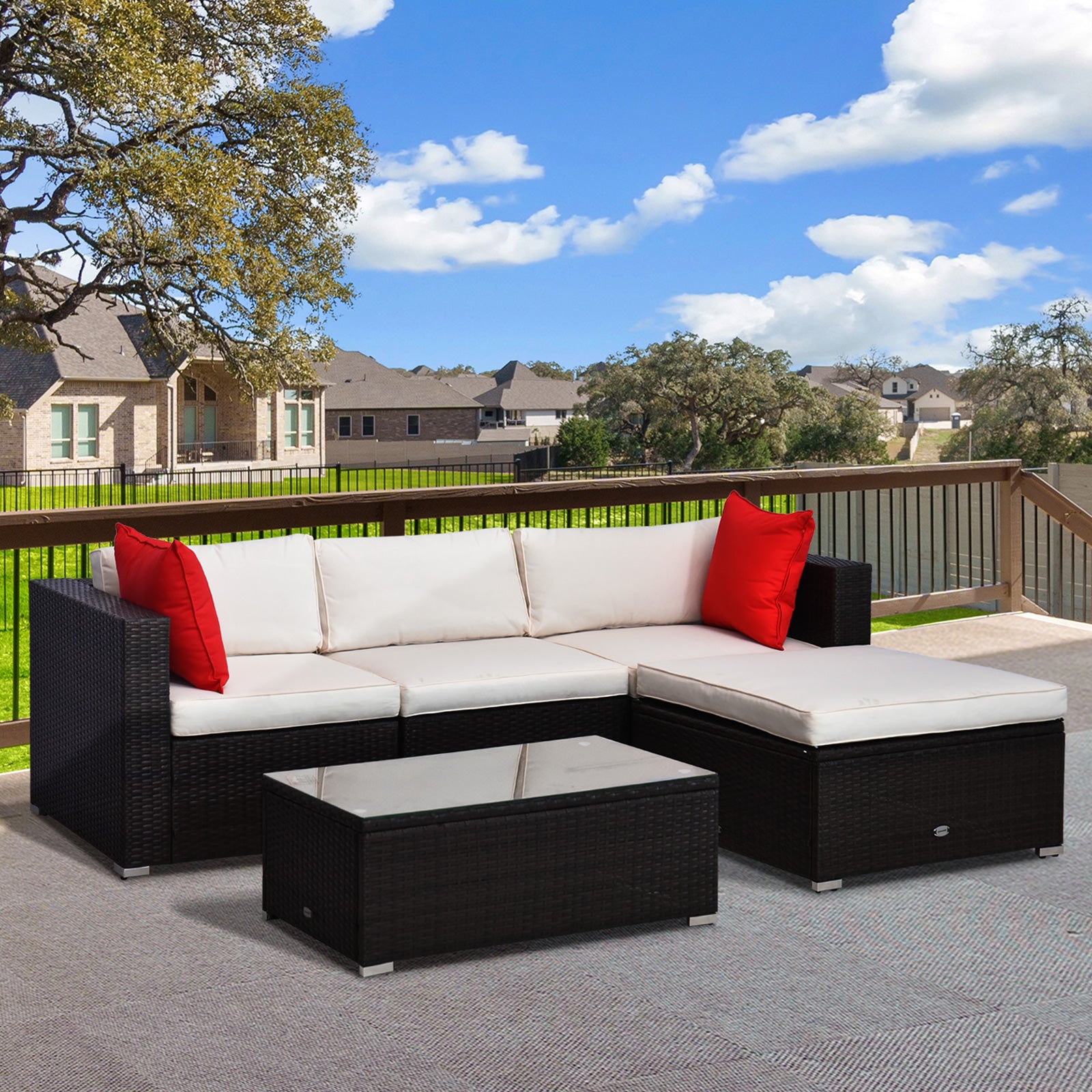 5-Piece Patio Furniture Set with Cushions, Outdoor PE Rattan Wicker Sofa Set, Sectional Furniture with Pillows, Glass Coffee Table for Garden, Backyard, Brown/Cream White