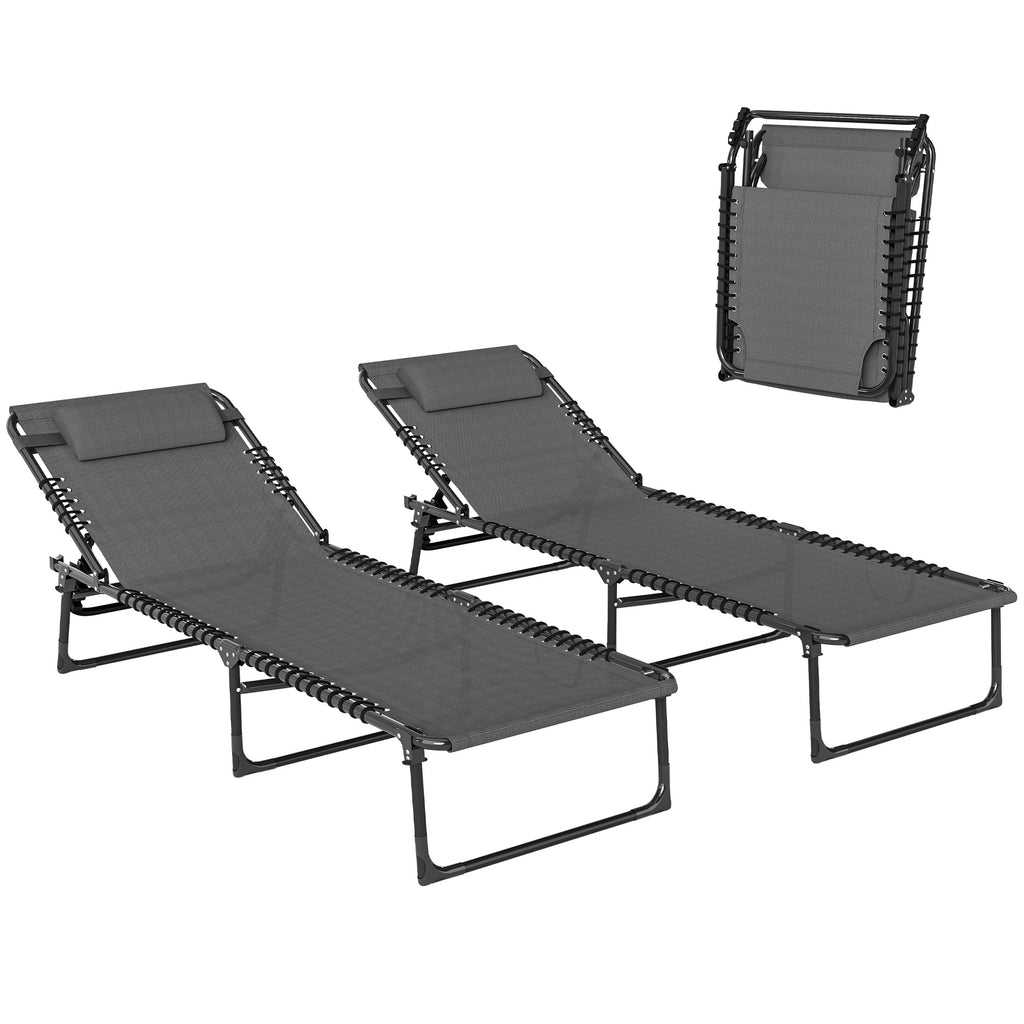 2 Folding Chaise Lounge Pool Chairs with 4-Position Reclining Back, Pillow, Breathable Mesh & Bungee Seat, Gray