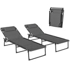 2 Folding Chaise Lounge Pool Chairs with 4-Position Reclining Back, Pillow, Breathable Mesh & Bungee Seat, Gray