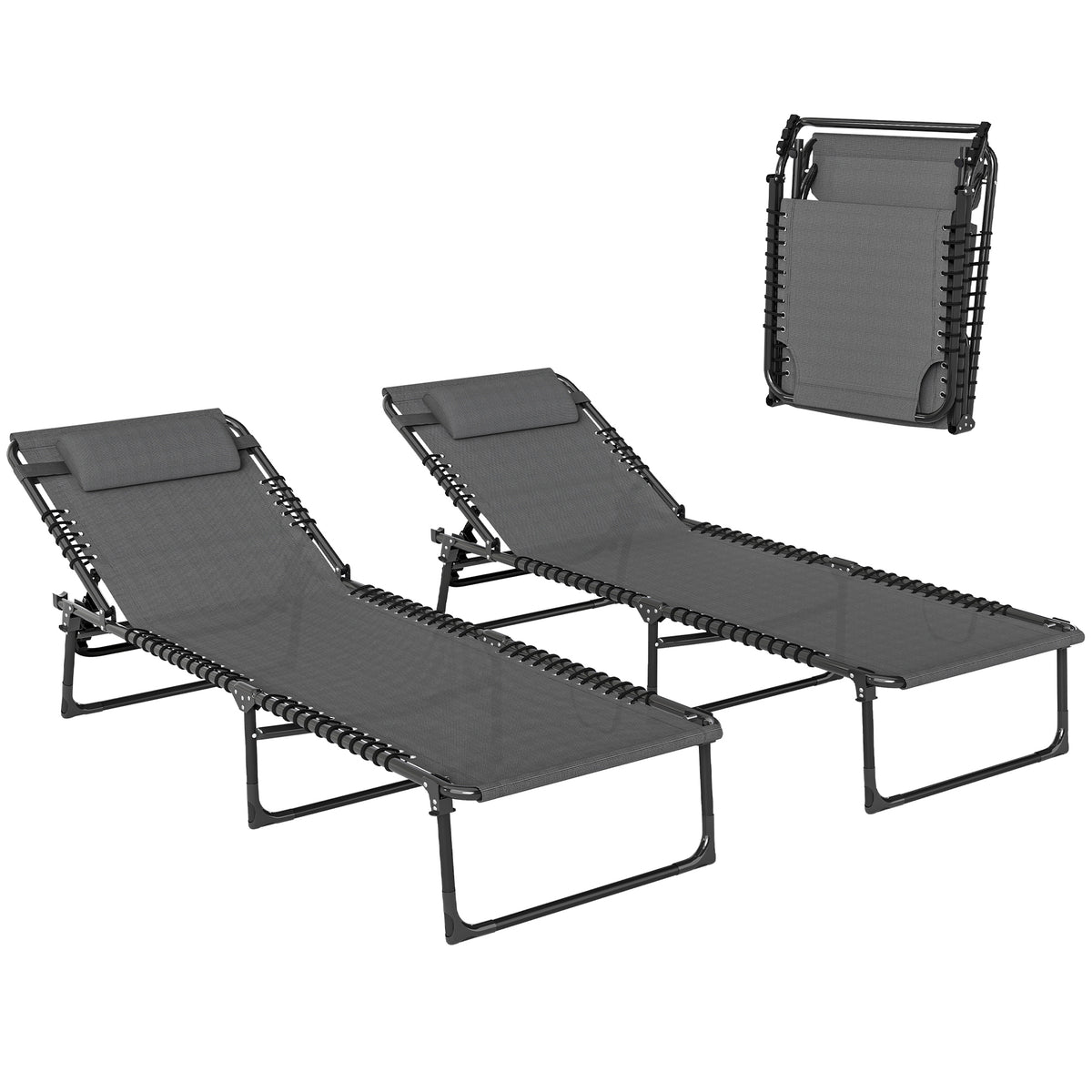 2 Folding Chaise Lounge Pool Chairs with 4-Position Reclining Back, Pillow, Breathable Mesh & Bungee Seat, Gray