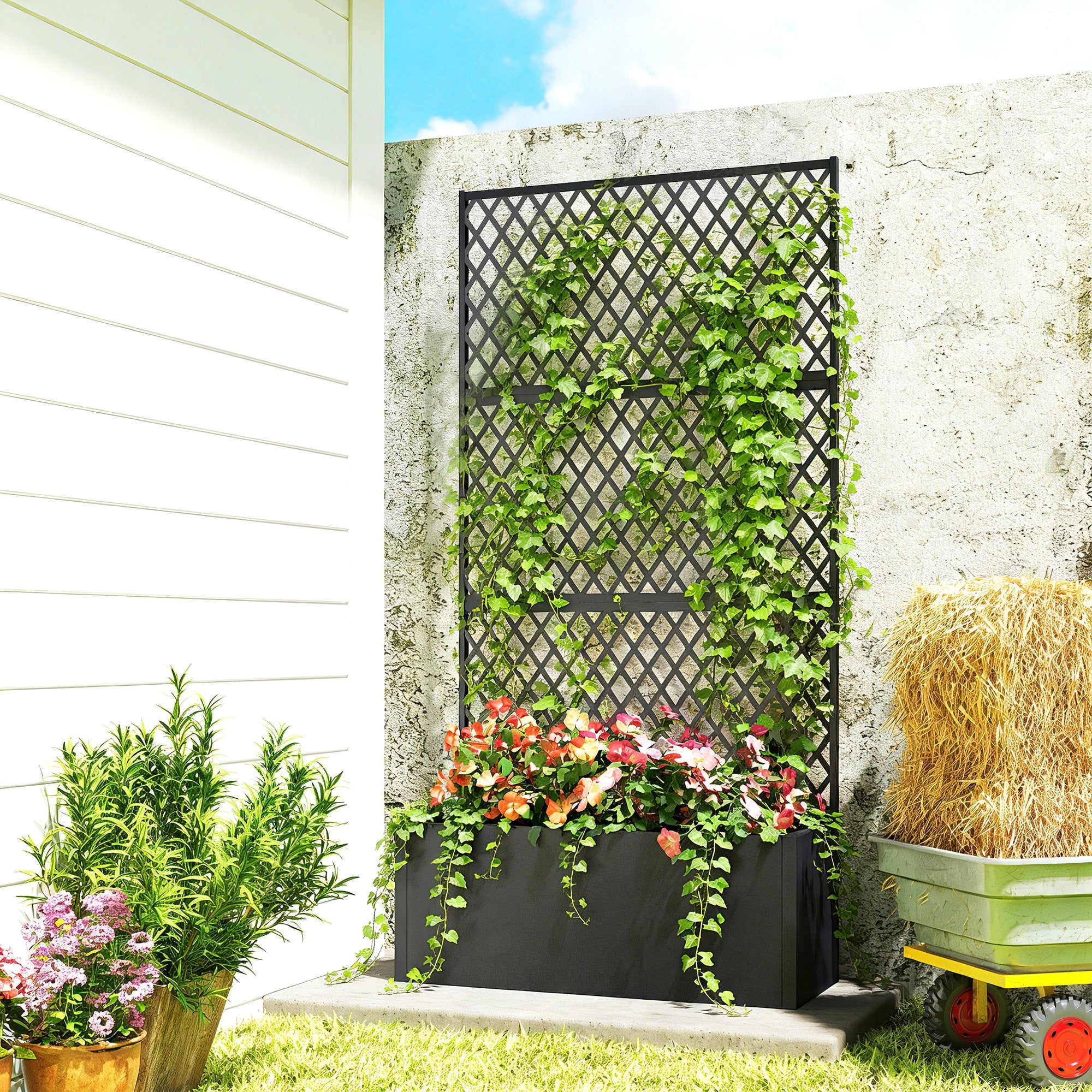 Metal Planter Box with Trellis, Raised Garden Bed with Trellis, Diamond Lattice Privacy Planter for Climbing Plants