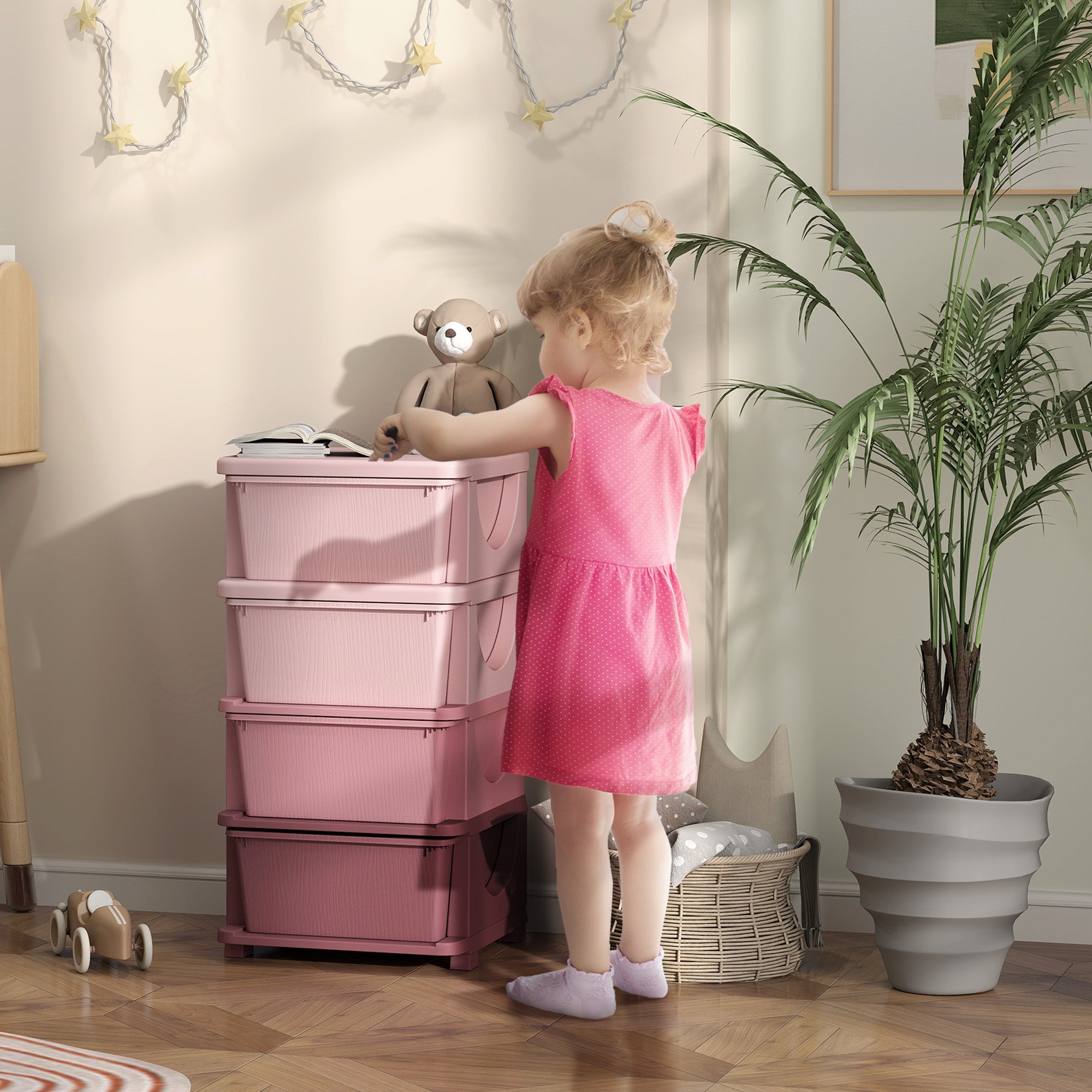 30" 4 Tier Kids Storage Unit Dresser Tower w/ 4 Drawers, Pink