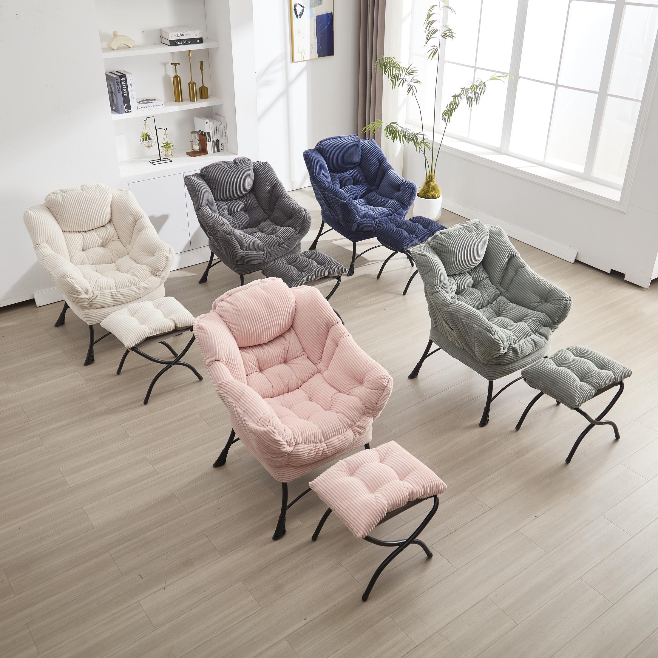 Ergonomic Lazy Chair with Ottoman, Armrests and Side Pocket, Steel Frame, Modern Lounge Accent Chair, 31.5" L x 25" W x 37.5" H, White