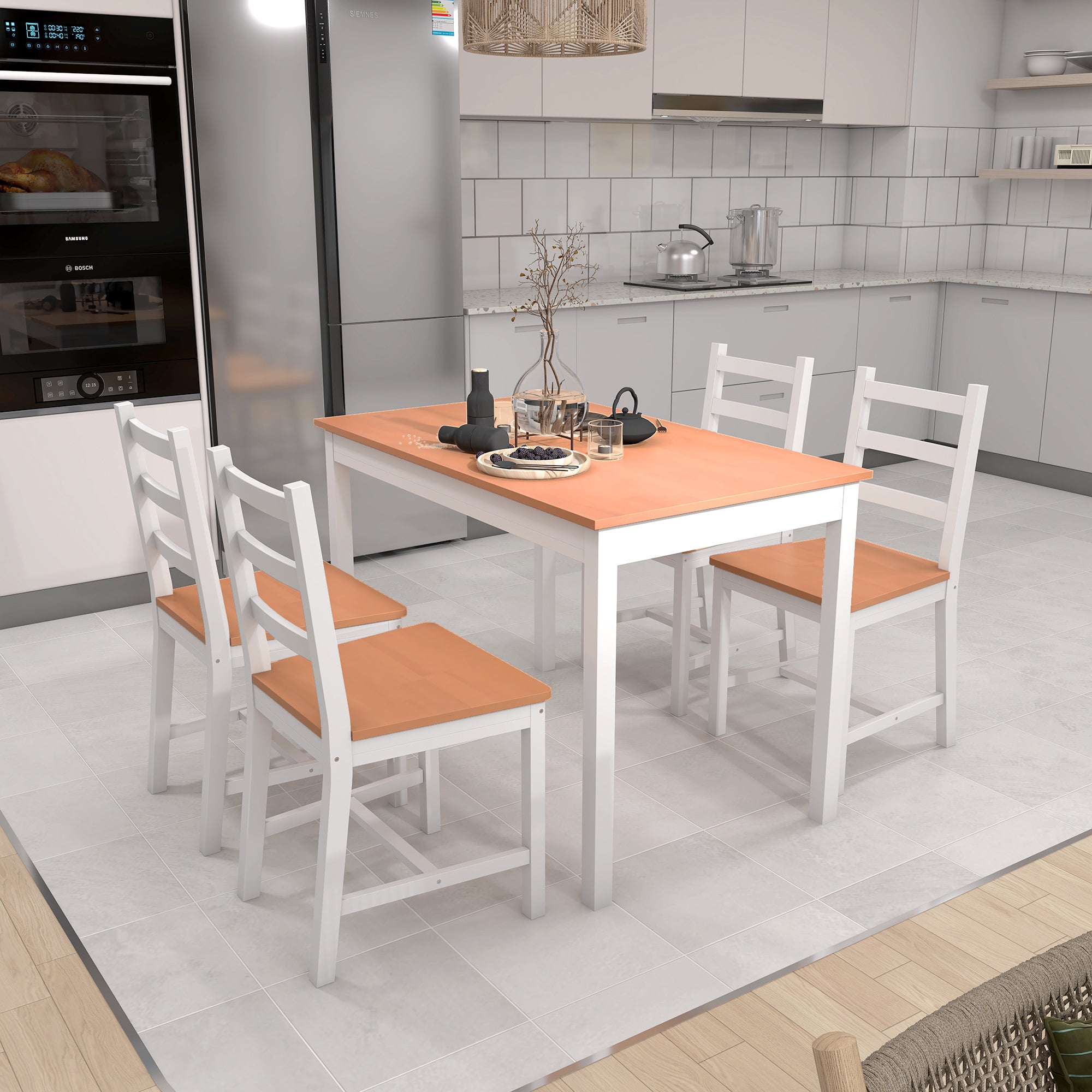 Dining Table Set for 4, 5 Piece Modern Kitchen Table and Chairs, Solid Wood Dining Room Set for Small Spaces, Breakfast Nook, White