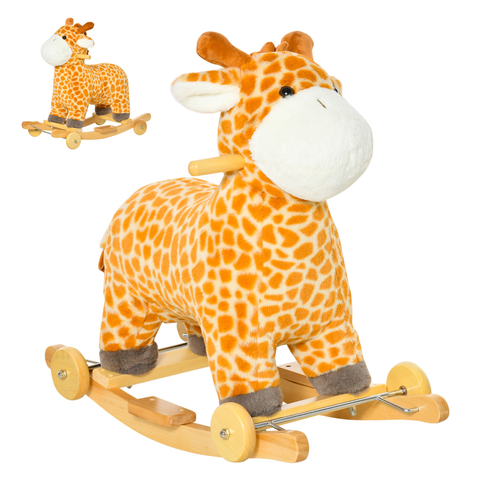 Rocking Horse, 2 in 1 Kids Ride on Horse, Rolling Giraffe Animal Rocker with Sound, Wooden Base, Pedal, Grip Handle, Plush Riding Pony for 3-6 Years Old, Yellow