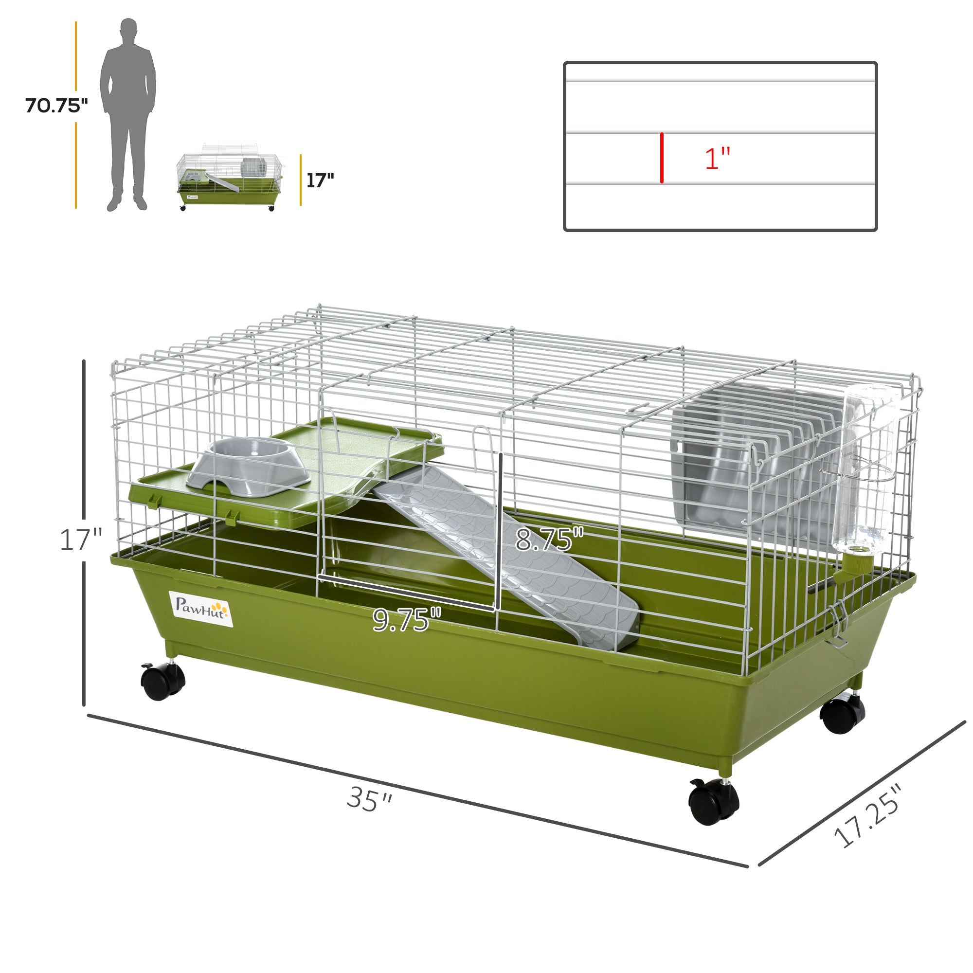 35"L Small Animal Cage, Rolling Bunny Cage, Guinea Pig Cage with Food Dish, Water Bottle, Hay Feeder, Platform, Ramp for Chinchilla, Green