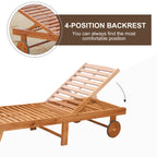 Outdoor Folding Chaise Lounge Chair Recliner with Wheels, Acacia Wood Frame - Teak Color