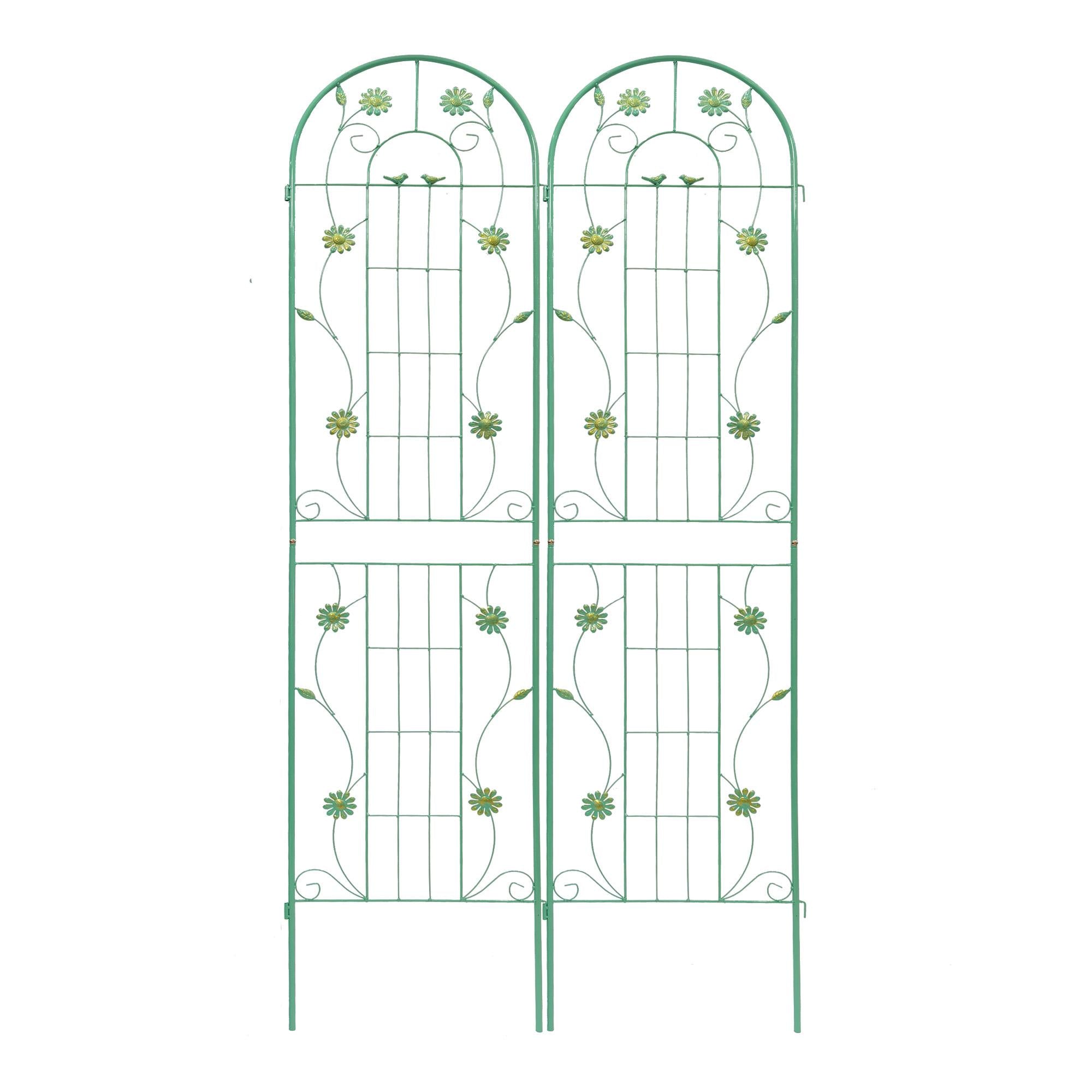 2 Pack Metal Garden Trellis with Leaves and Flower Decorations, Rustproof Climbing Plant Support, 87" Height, Green