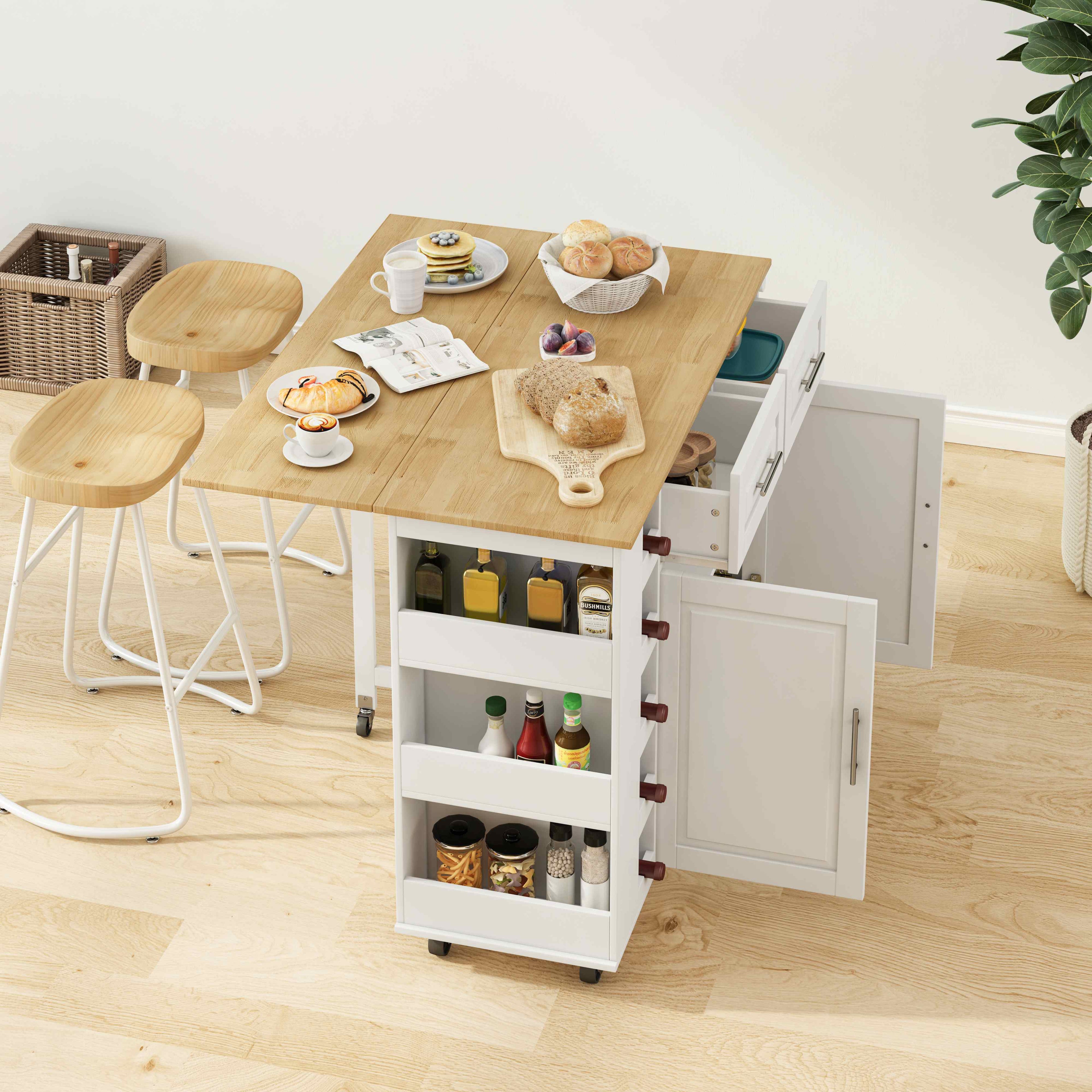 Multi-Functional Kitchen Island Cart with 2 Door Cabinet, Drawers, Spice Rack, Towel Holder, Wine Rack, Foldable Rubberwood Table Top, 46.46"L x 16.93"W x 35.83"H, White