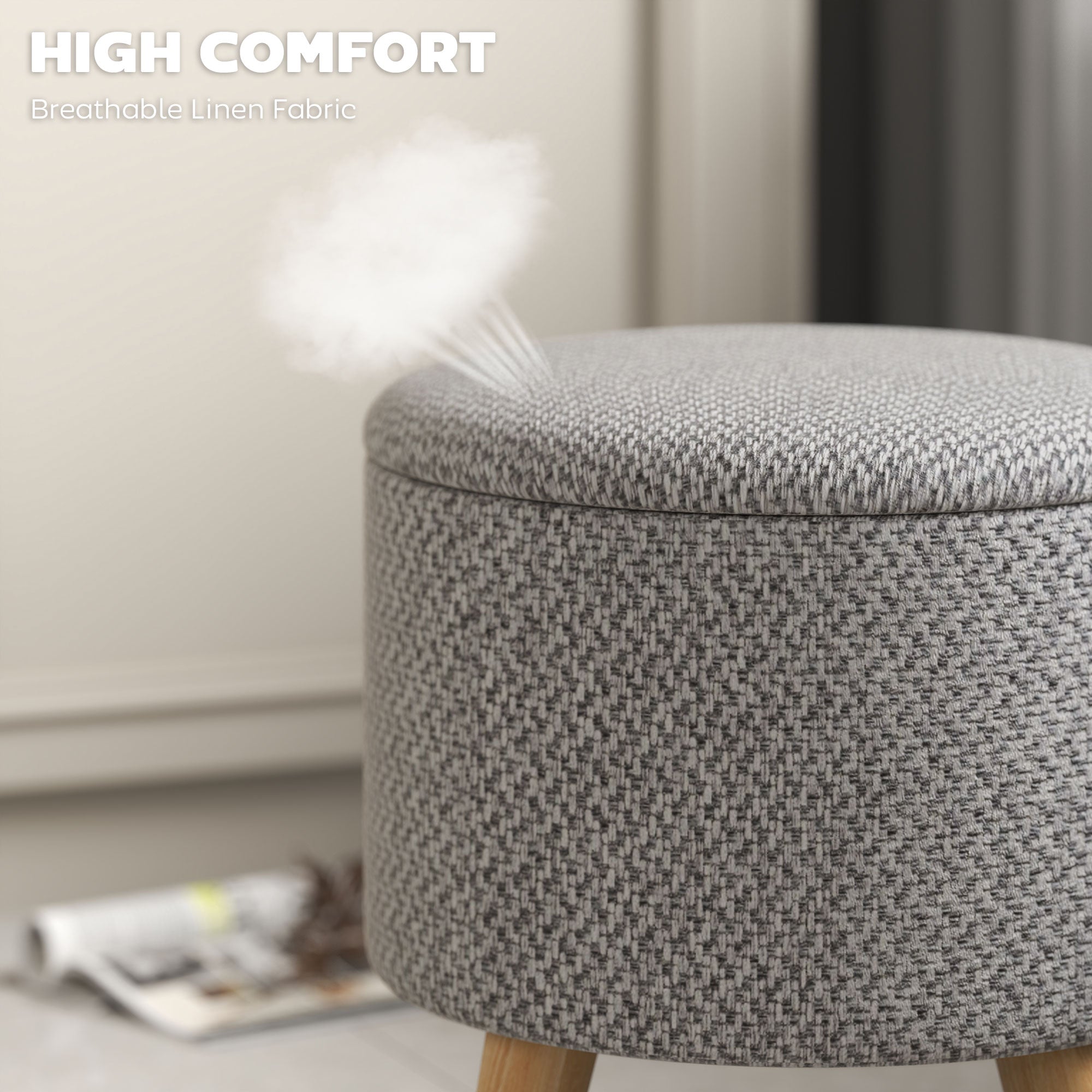 Round Ottoman Stool with Storage, Linen Upholstered Foot Stool with Padded Seat, Hidden Space and Wood Legs, Light Gray