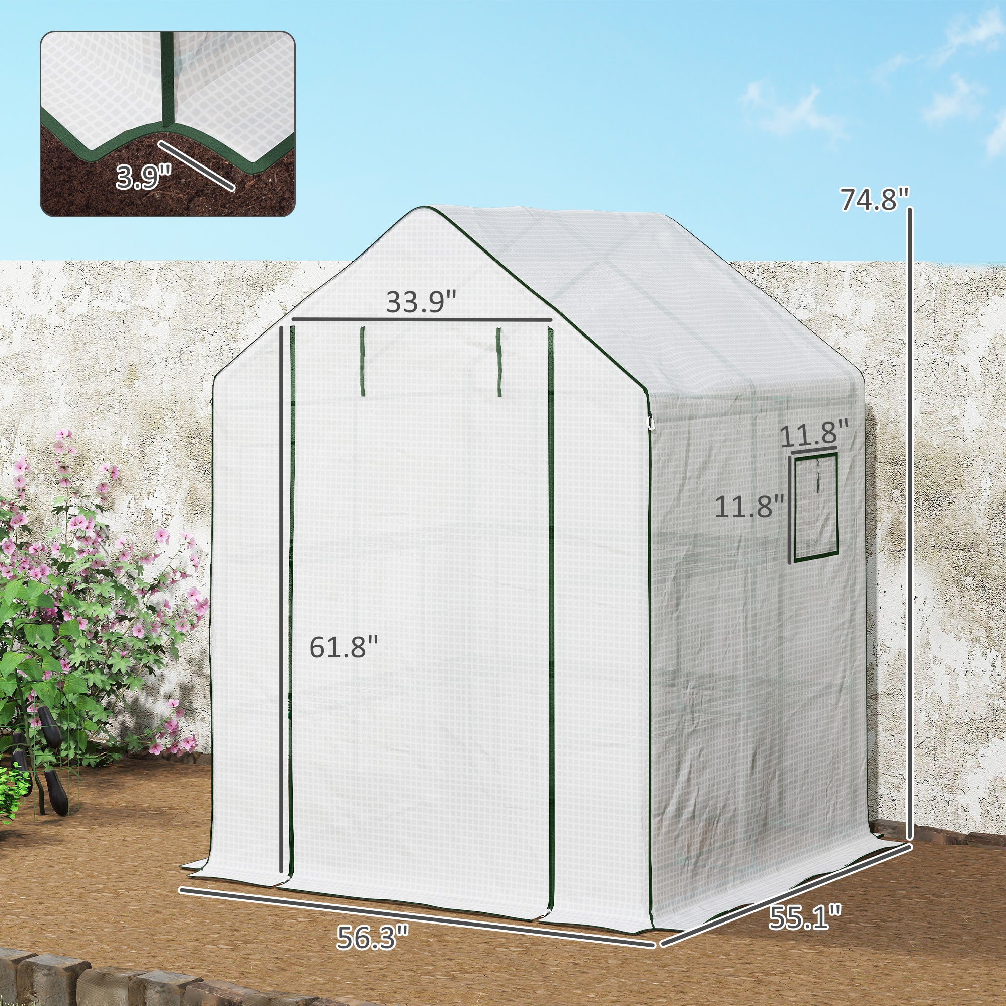 Portable Greenhouse, Water/UV Resistant Walk-In Small Outdoor Green House with 2 Tier Flower Rack Shelves, White
