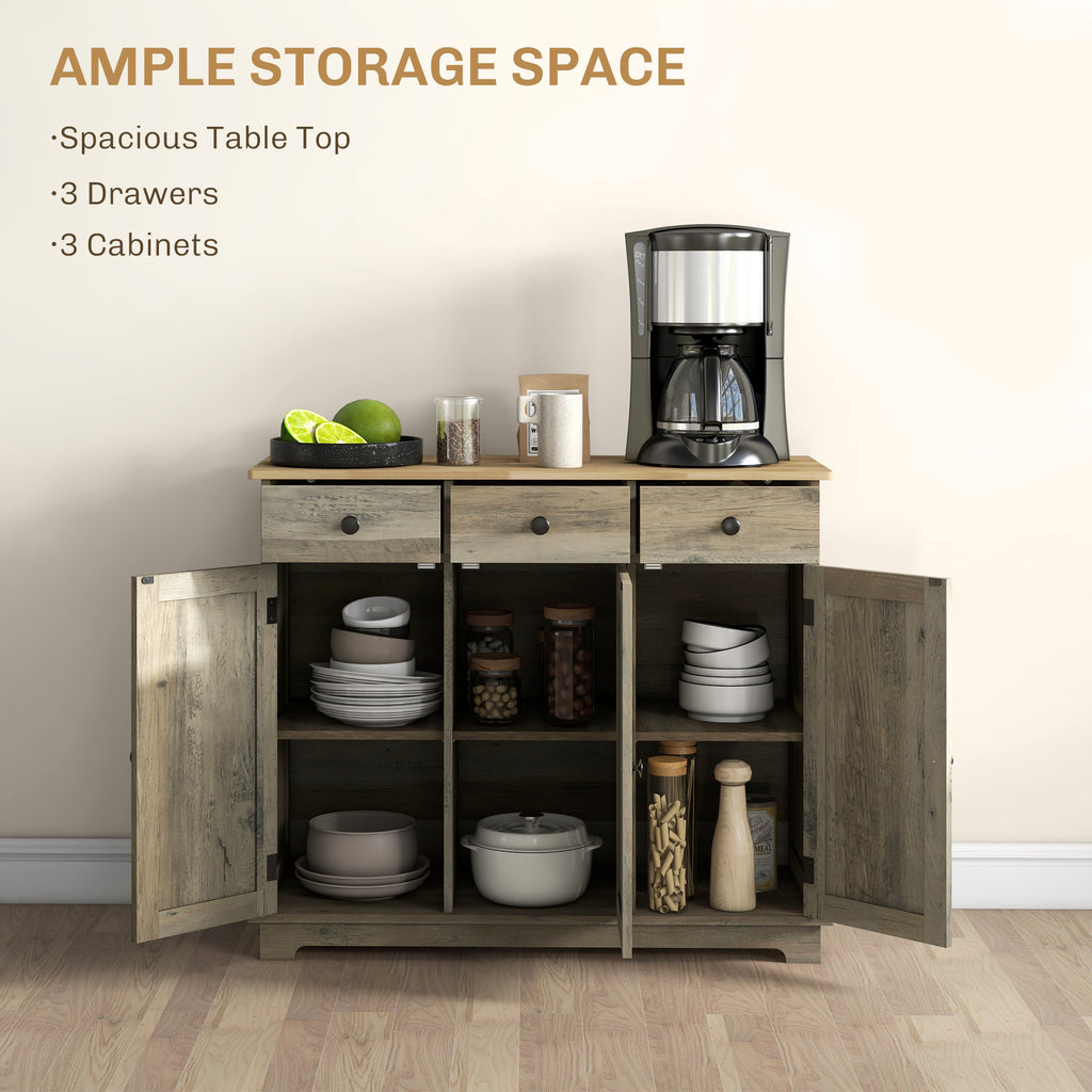 Kitchen Storage Cabinet, Sideboard Floor Cupboard with Solid Wood Top, Adjustable Shelf, and 3 Drawers, Distressed Gray